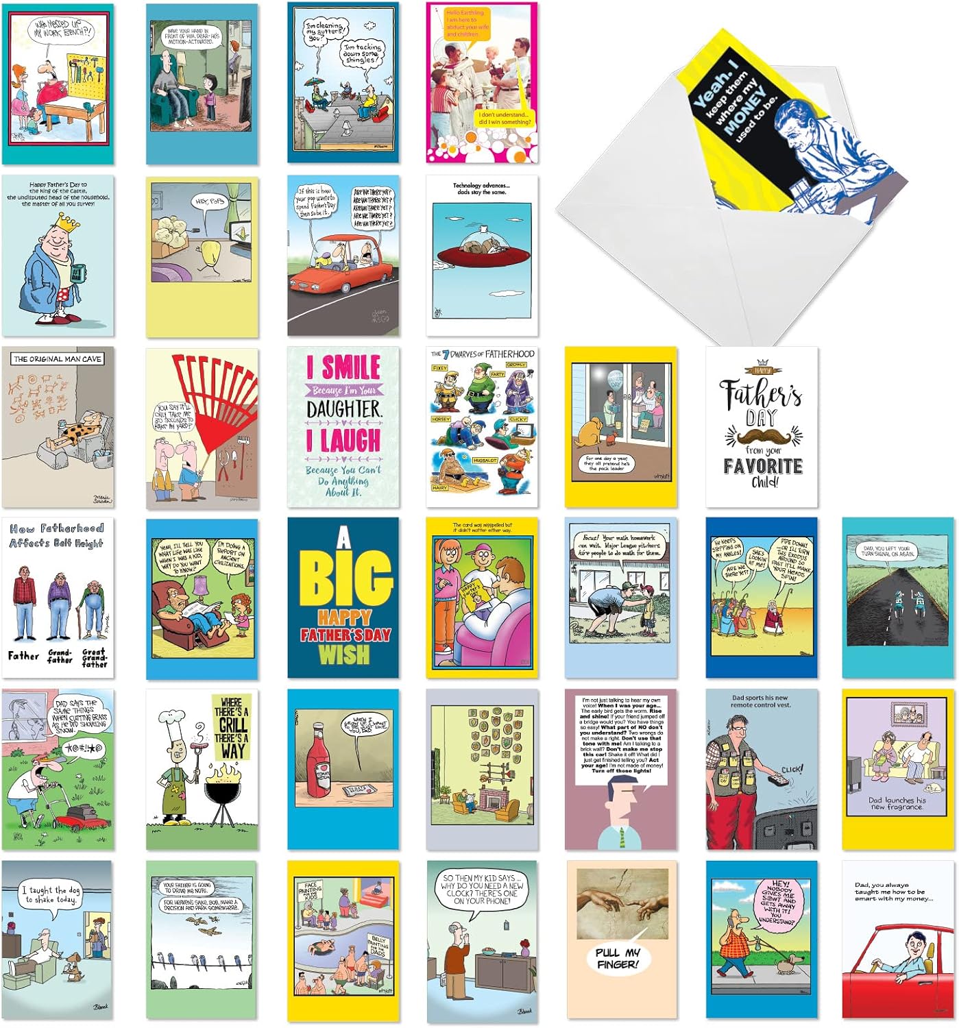NobleWorks 36 Assorted Box Set Humorous Father's Day Greeting cards w/ 5x7 Envelope for Dad, Pa, Pop, Daddy (36x1 Designs) Glad Dads AC10372FDG-B1x36