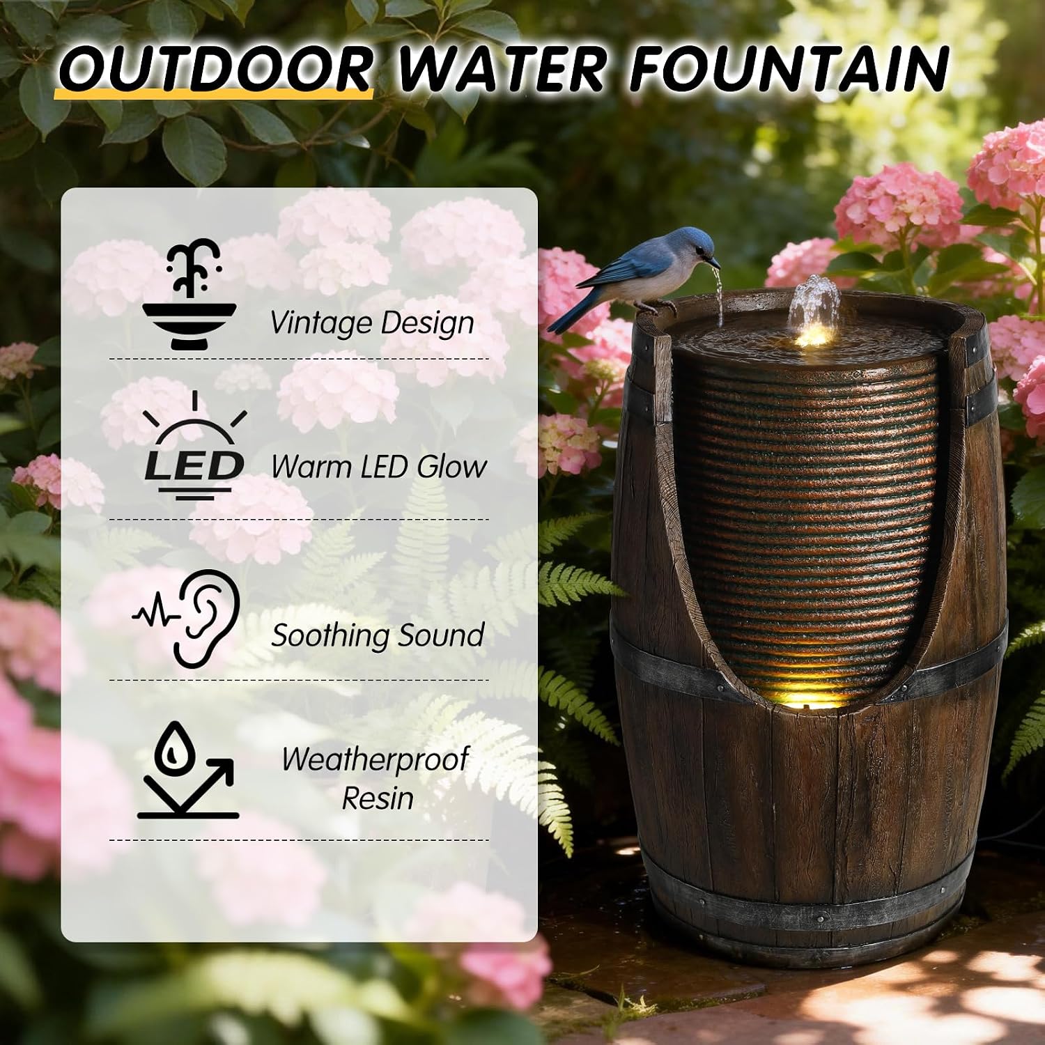 24.8'' H Wooden Barrel Style Outdoor Water Fountain with LED Lights & Waterfall, Rustic Resin Water Feature with Farmhouse Design for Garden Patio Porch Yard, Brown Gray