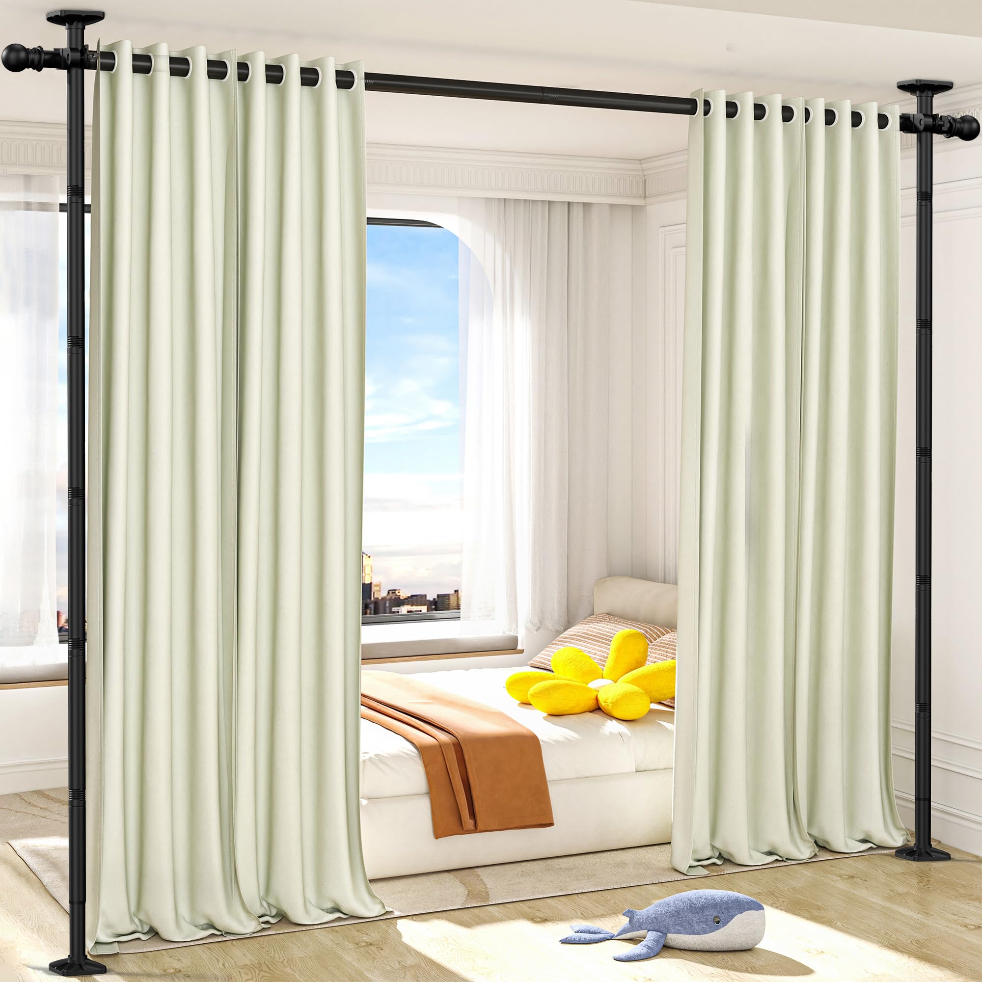 Photo 1 of AKTOP Room Divider Curtain Rod, No Drilling Privacy Room Separator for Space Partition, 4-11ft(H) 28-117”(W) Adjustable Heavy Duty Floor to Ceiling Wall Divider Tension Rod for Room Separation, Black