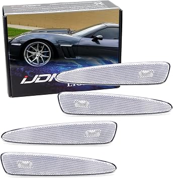 iJDMTOY 4pc-Set Clear/White Lens Front & Rear Side Marker Lamp Housing Assemblies, Compatible With 2005-2013 Chevrolet C6 Corvette, Replace OEM Amber/Red Sidemarkers