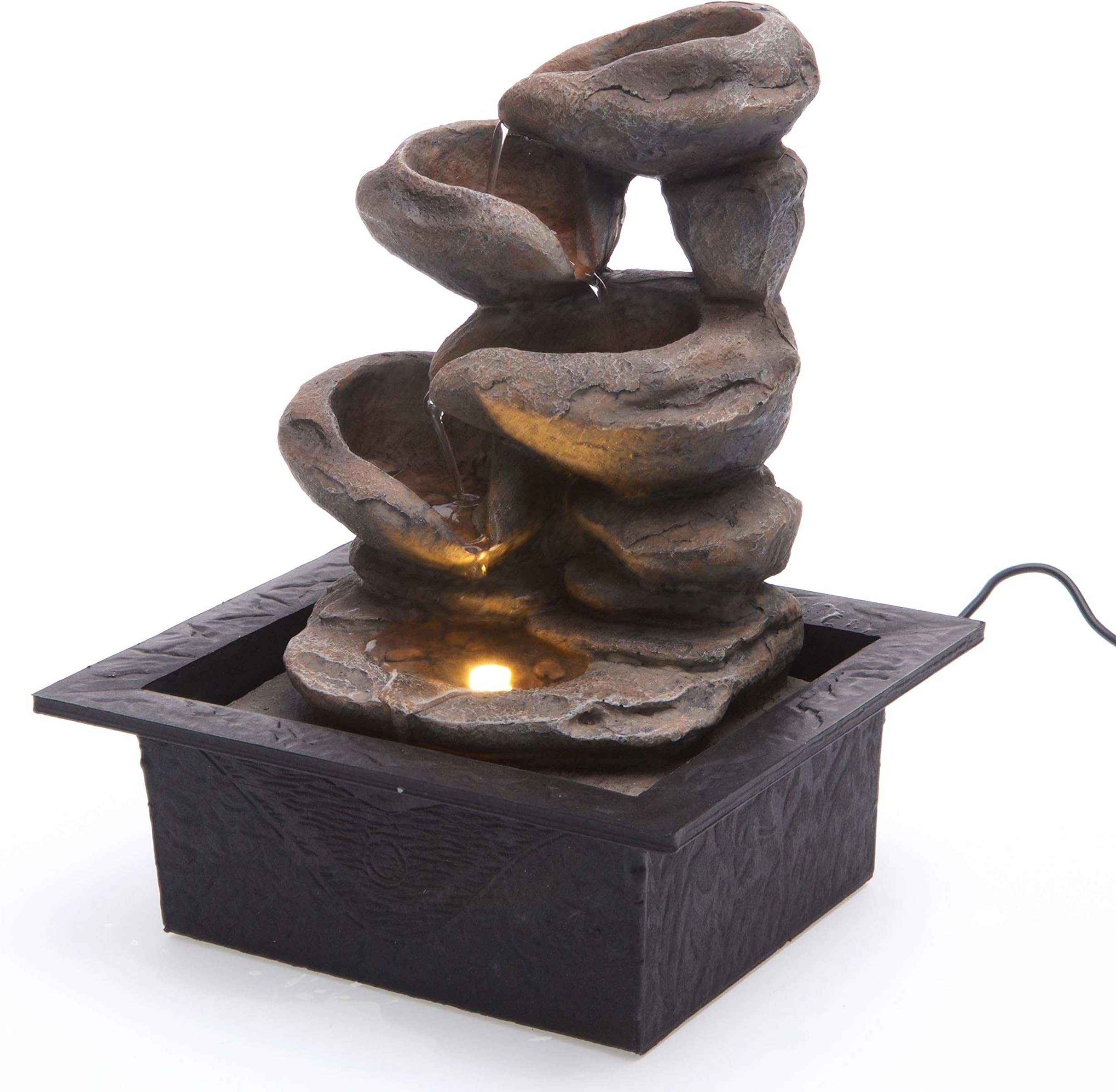 Cascading Stone Bowls Spring Indoor Water Fountain with LED Light | Size 21 * 17.5 * 25 Cm | 3 Pin UK Plug Included |