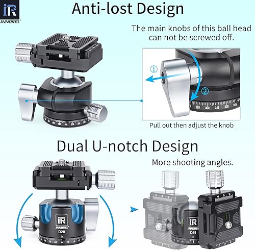 Miniatura 6 de INNOREL D28 - Cabezal de bola de trípode de perfil bajo de 1.102 in, profesional, todo metal, CNC, 360, cabeza de trípode para cámara panorámica