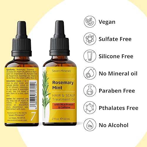 Miniatura 6 de Seven Minerals, Aceite de romero para el crecimiento del cabello, infundido con proteína de arroz, cafeína, menta y aceites naturales para