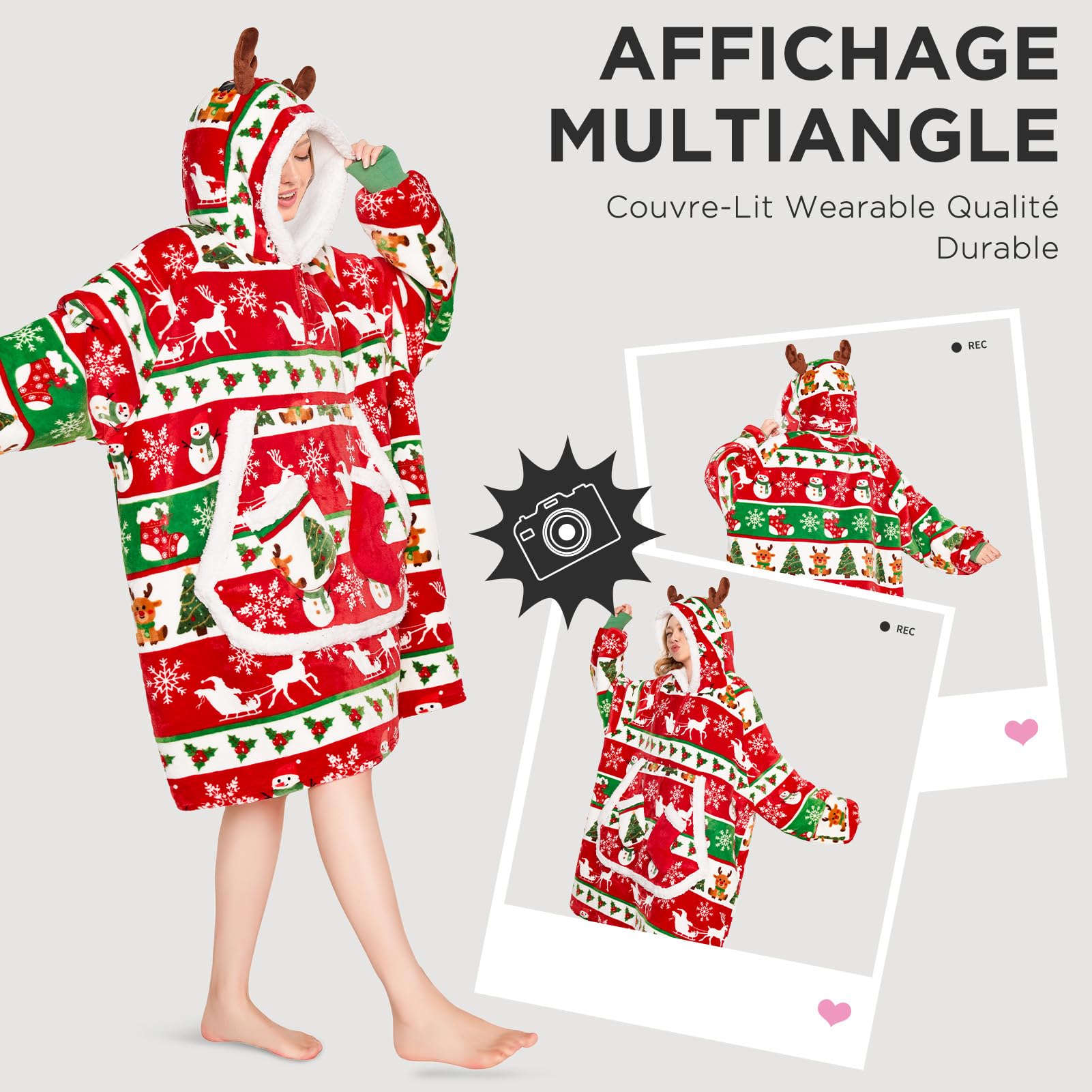 OLAOLA Unisexe Sweat à Capuche Couverture Surdimensionnée pour Adultes, Pull Plaid à Capuche en Polaire Sherpa avec Manches et Poches, Sweat Plaid Doux et Chaud pour Femme Homme