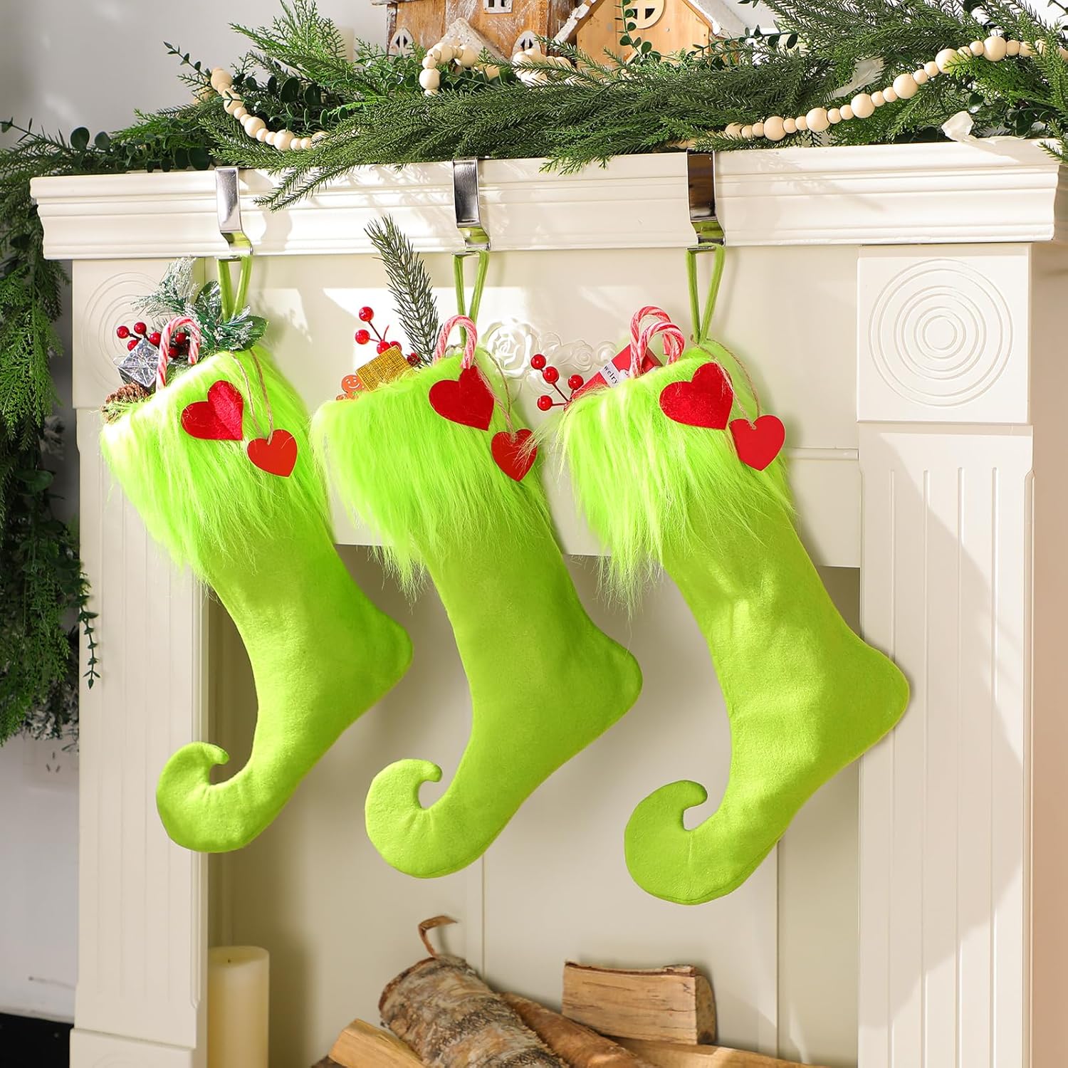 Cozypower 4pcs 18 Inch Green Christmas Stockings Faux Fur Xmas Hanging Elf Stockings with Tag Christmas Treat Bag Candy Pouch Holder Fireplace Decor for Xmas Holiday Family Party