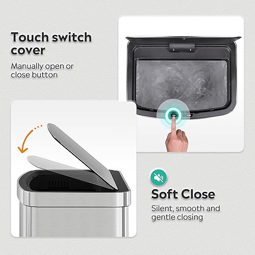 Miniatura 6 de WLIVE Bote de basura automático con sensor de movimiento de 16 galones, cubo de basura automático de cocina de 60 litros con tapa de cierre suave,