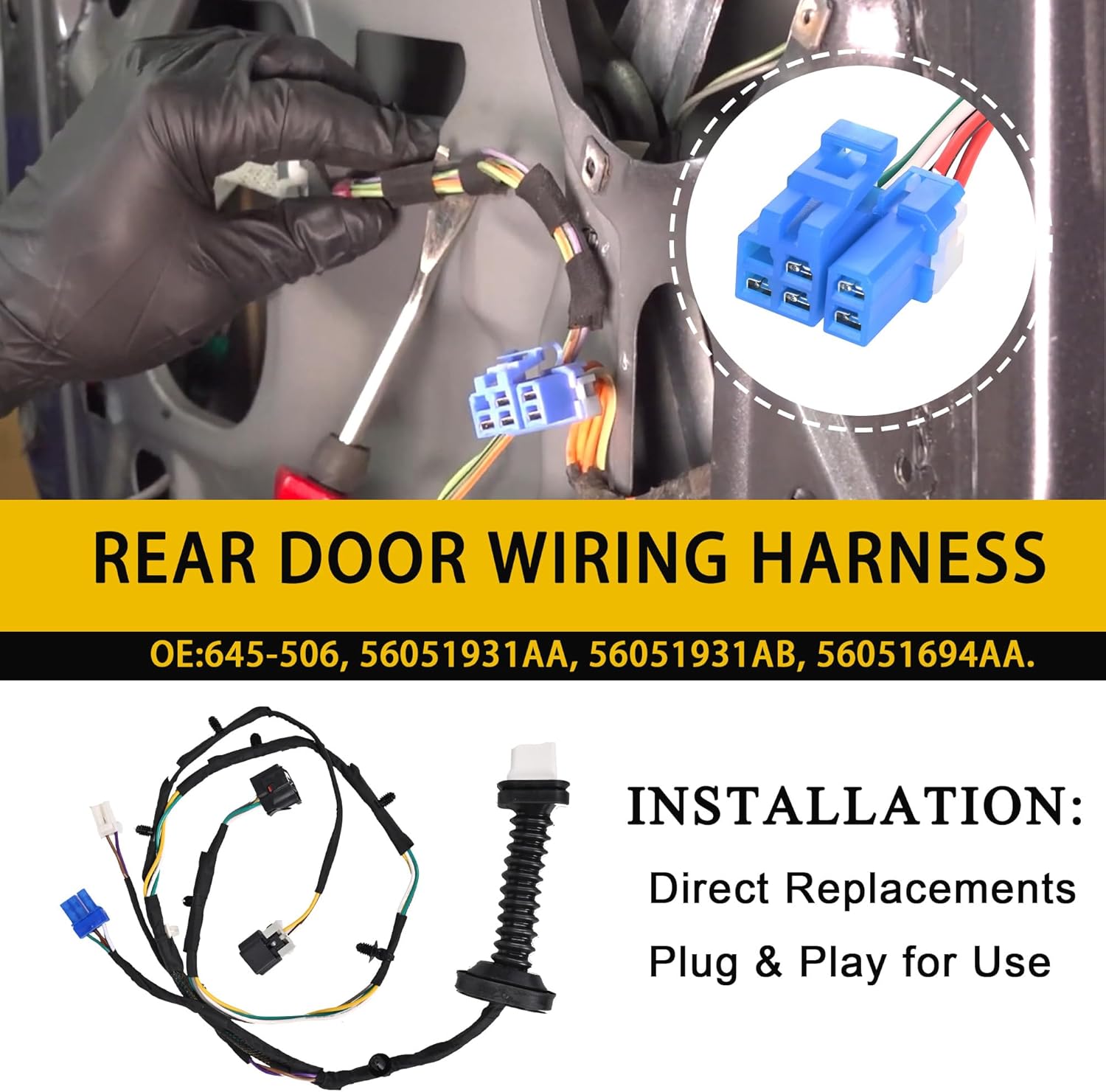 Rear Door Wiring Harness with Connector Wiring Harness Assembly Compatible with 2004-2010 Dodge Ram 1500 2500 3500 4500 5500 Replacement for 6051931AA 56051694AA 645-506