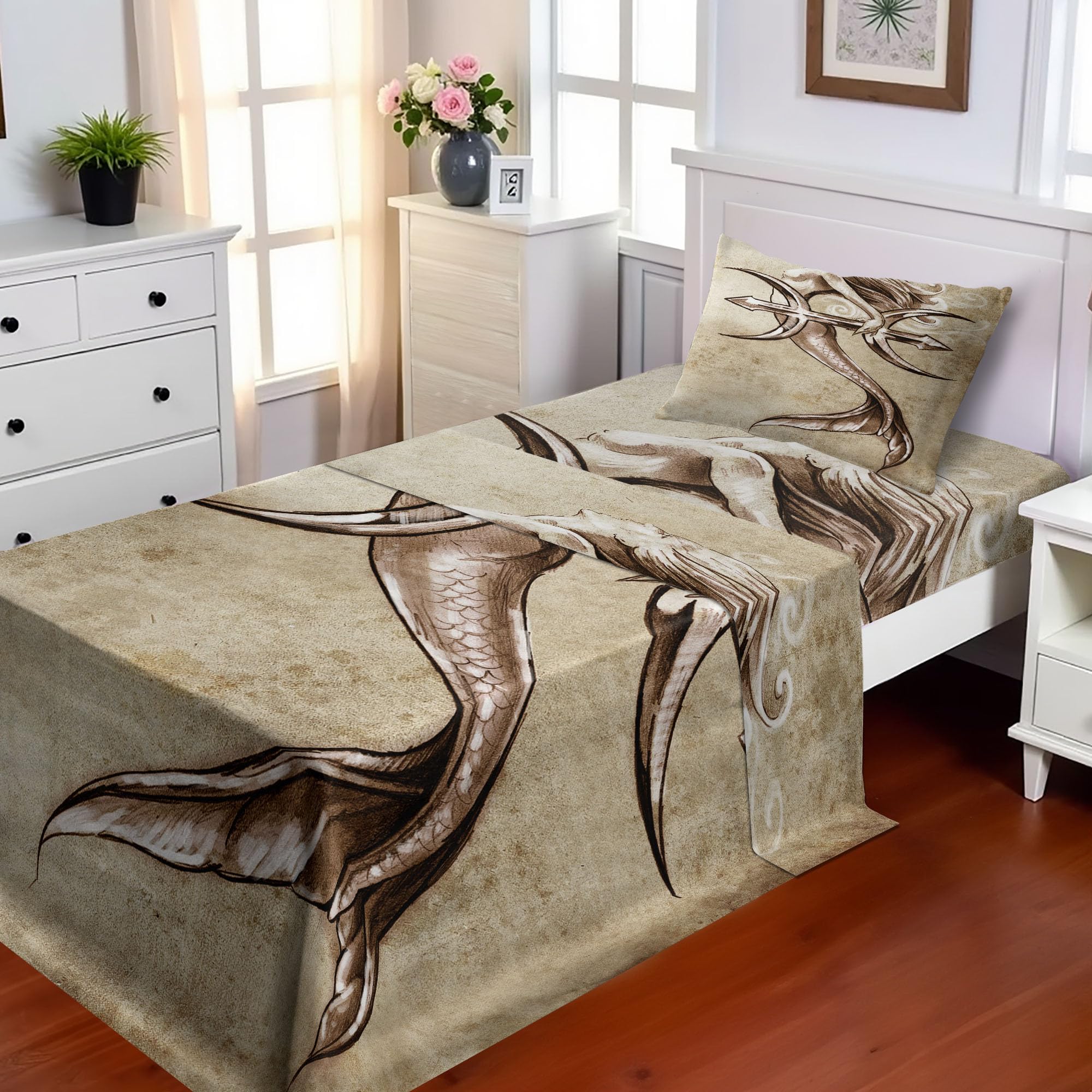 Ambesonne Mermaid Sheet Set, Vintage Girl in The Sea an Anchor Mythical Aquatic Creature Graphic Art, Fitted and Flat Sheet with Pillowcase Bedding Accent 3 Piece Set, Twin XL, Beige Brown