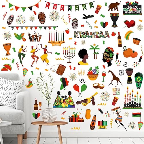 Qeeenar 101 calcomanías de pared Kwanzaa Kinara, velas Kwanzaa Kinara, calcomanías de pared de vinilo Happy Kwanzaa, calcomanías de pared surtidas