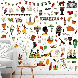 101 Pcs Kwanzaa Kinara Candles Wall Stickers Vinyl Happy Kwanzaa Decals Assorted African American Festival Holiday Decor for Home Classroom, 6 Sheets