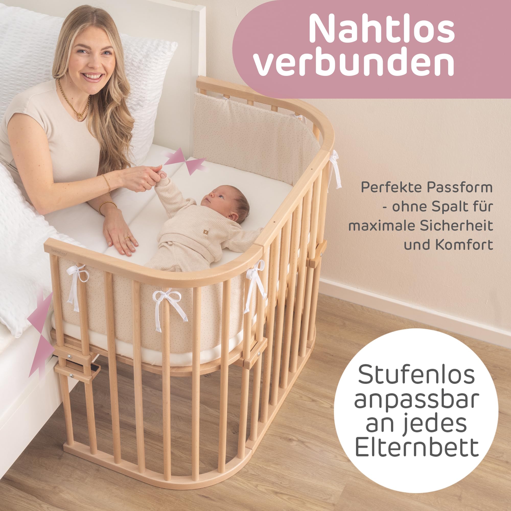 babybay Maxi bardzo duże łóżeczko dostawne z litego drewna bukowego, wysokość regulowana bezstopniowo, przyjazne dla środowiska, rośnie wraz z dzieckiem, naturalne, lakierowane