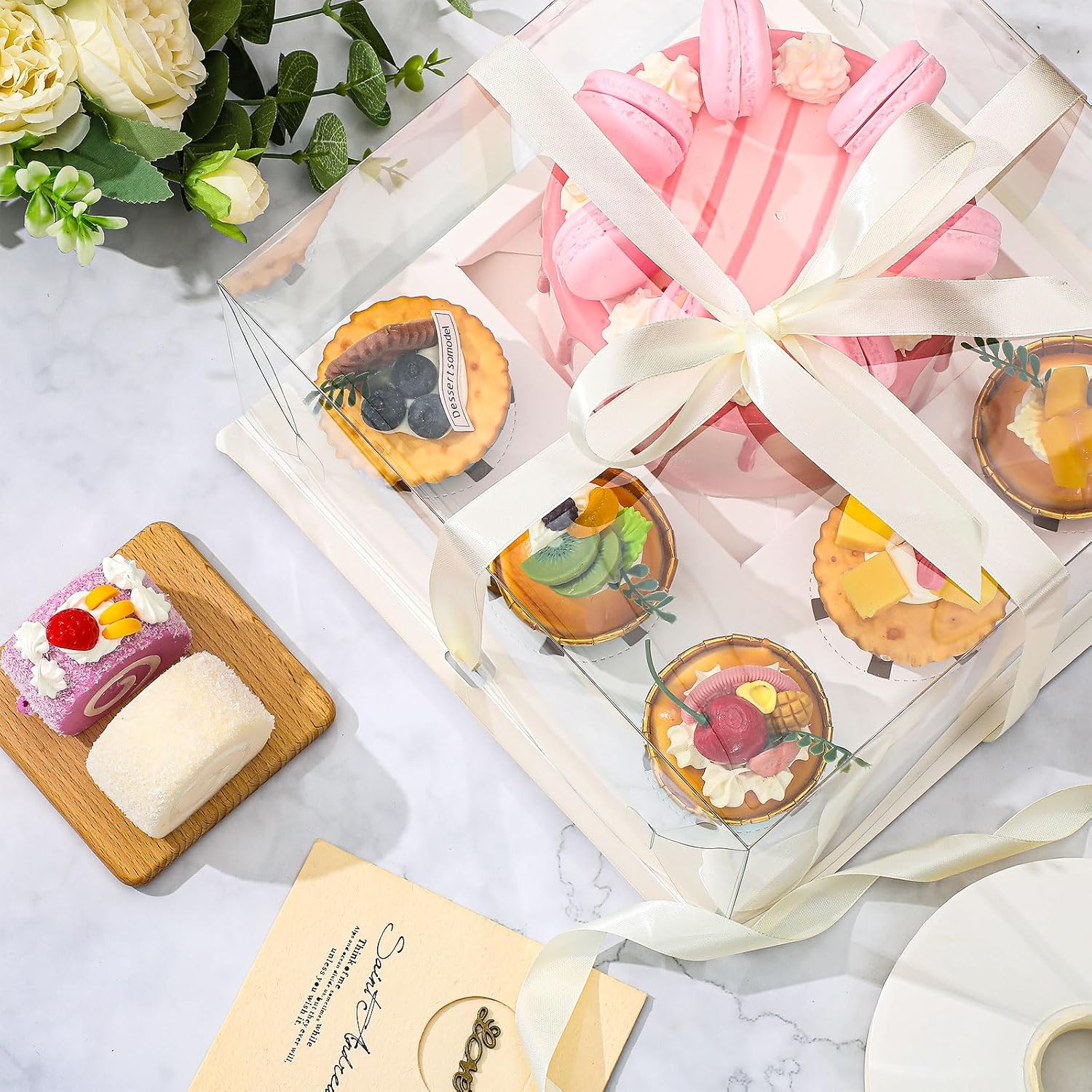 Sayglossy 6 Pack 1+5 Bento Cake Boxes with Cupcakes Clear Bento Cakes and Cupcake Box Combo Fit 5 Cupcakes and 1 Mini Cake for Mothers Day Wedding Birthday Treats Donuts Muffins Bakery (White)