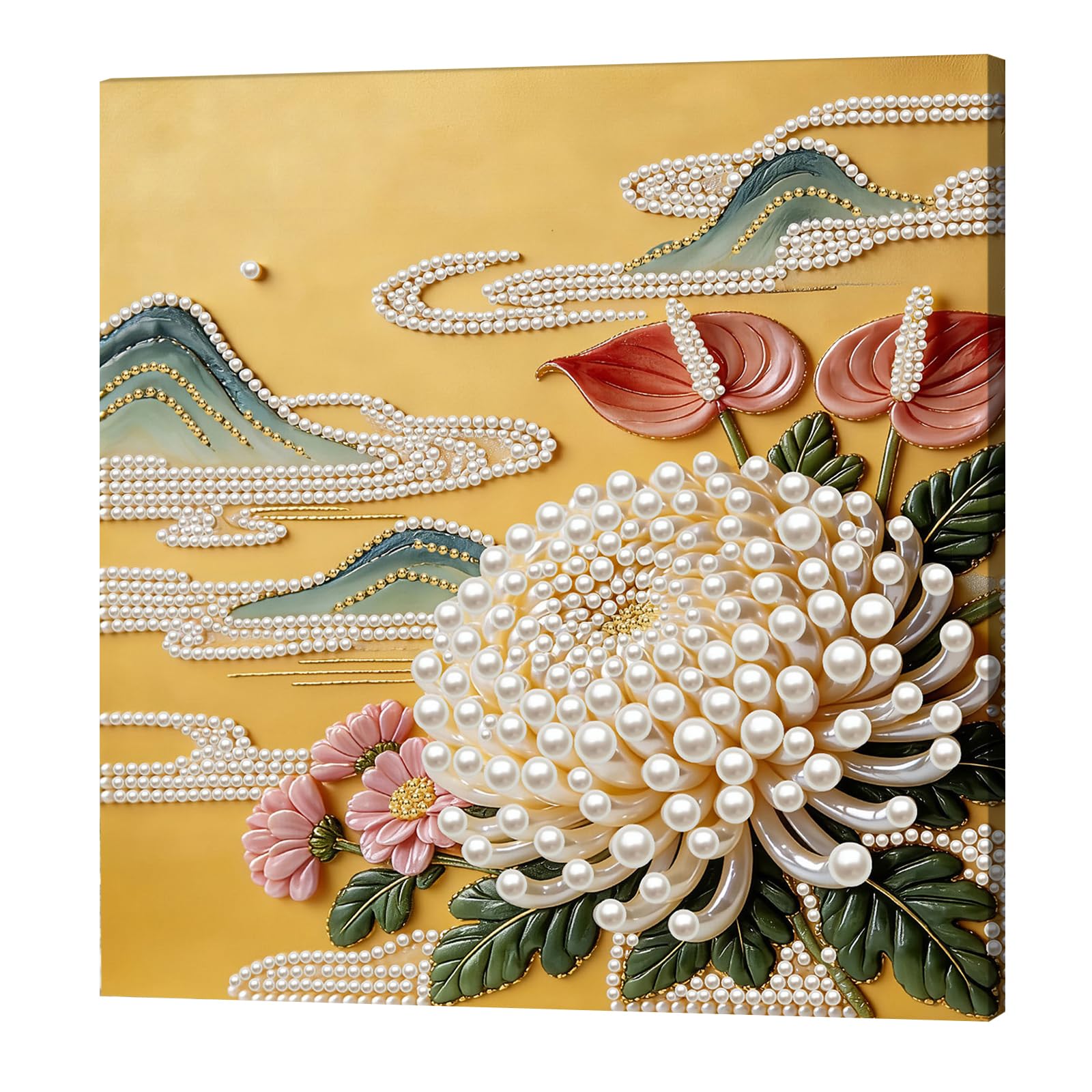 DIY Pearl Painting Kit with Wooden Frame, 3D Plastic Pearl Gemstone Ocean Art Craft for Adults Beginners, Diamond Art Kits for Adults, Home Wall Decor Ready Gift for Women(Chrysanthemum)(30 * 30cm)
