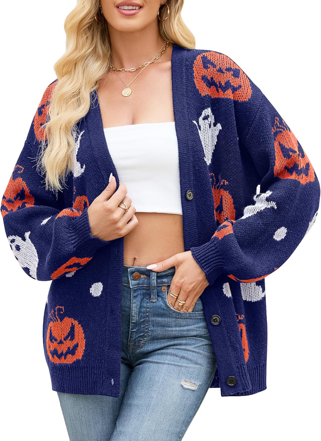 Cardigan Sweaters for Women Halloween Pumpkin Ghost Long Sleeve Loose Casual Knit Cardigans Outwear Coat Tops