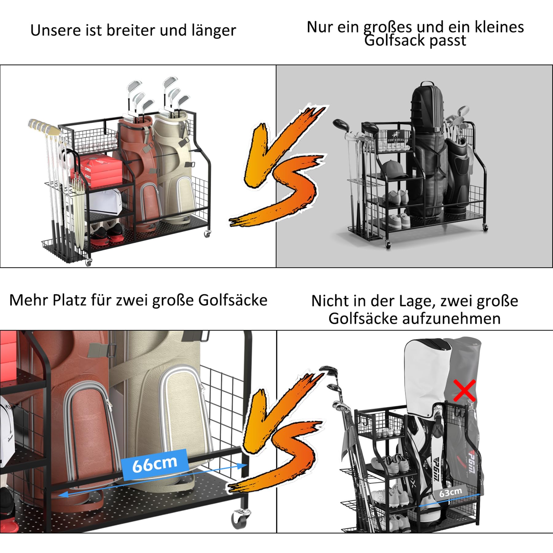 Golftaschen-Regal für Garage - Golfschläger-Halter Ständer extra groß, passend für 2 Taschen & Outdoor-Spielzeugaufbewahrung
