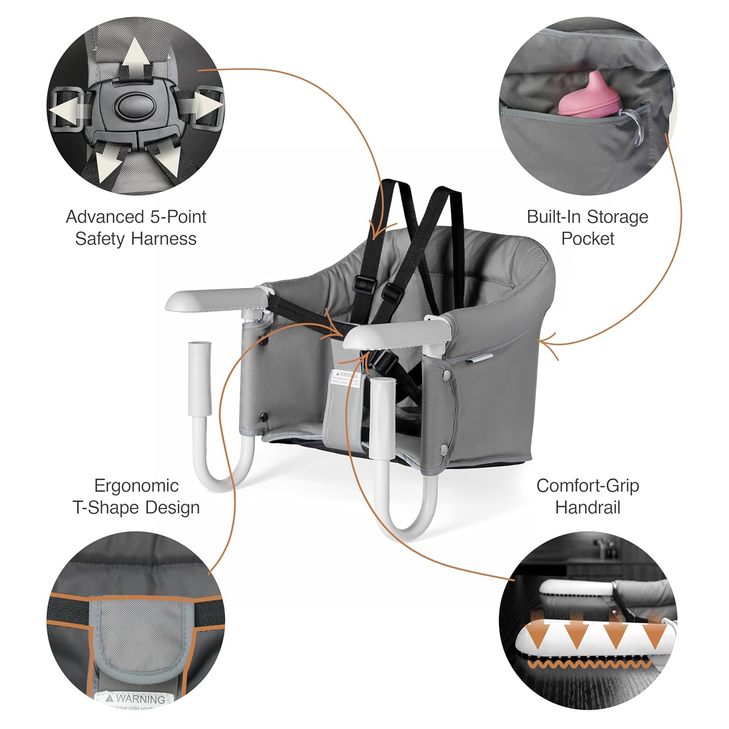 Portable Hook on High Chair for Baby & Travel Toddler from 6-36 Months – Clip on Baby Seat for Table – Fast Table Chair for Travel & Dining– Including Storage Bag - Gray