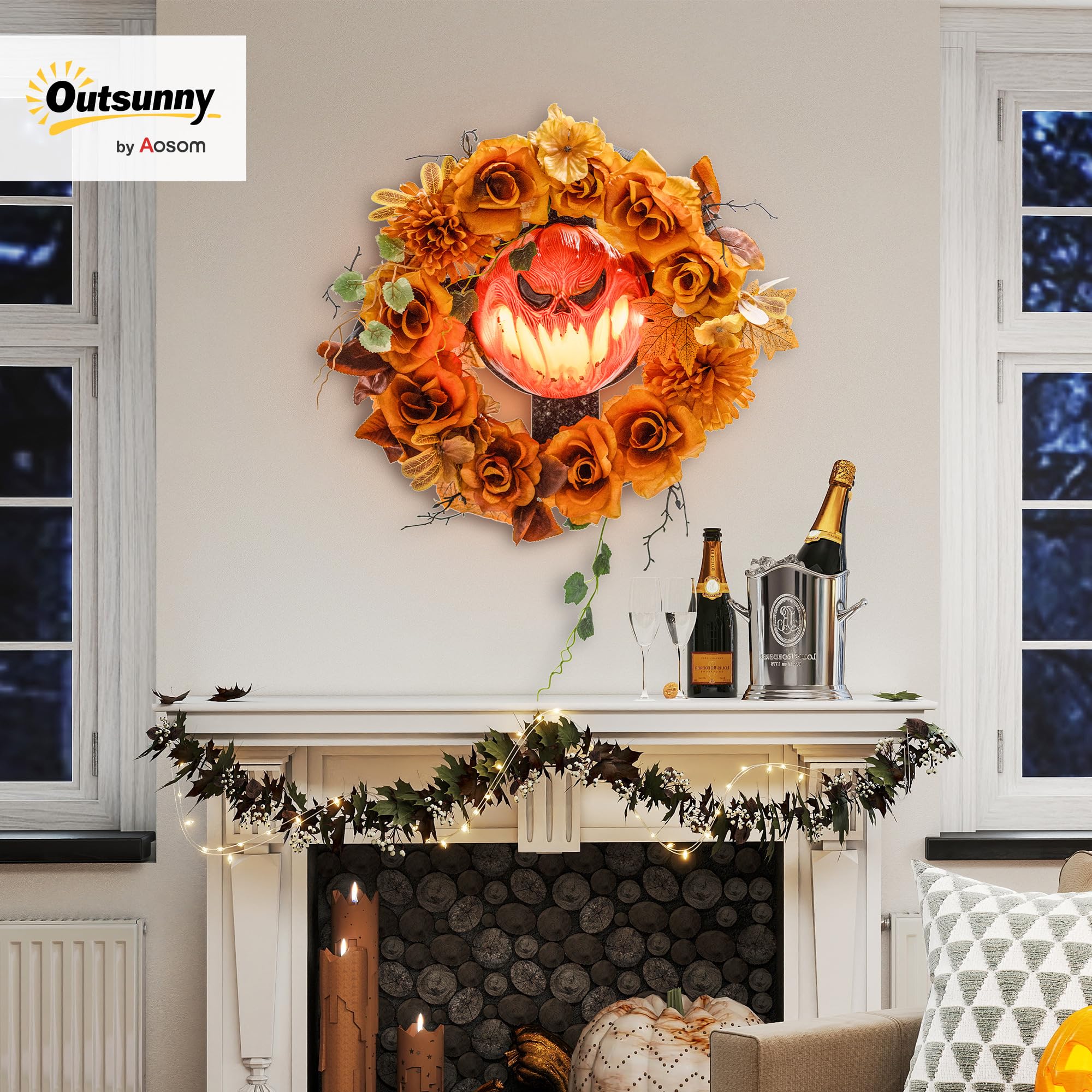 Outsunny Wiszący dyniowy wieniec z 44 diodami LED na drzwi i ogród | Dekoracja Halloween, Efekt płomienia, Straszna twarz dyni, Kwiaty, na imprezę