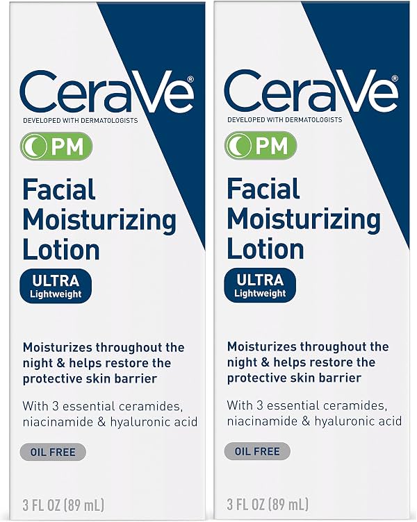CeraVe Loción Humectante Facial PM | 3 Onzas (Paquete de 2) | Ultra Ligera, Humectante Nocturno para el Rostro | Sin Fragancia