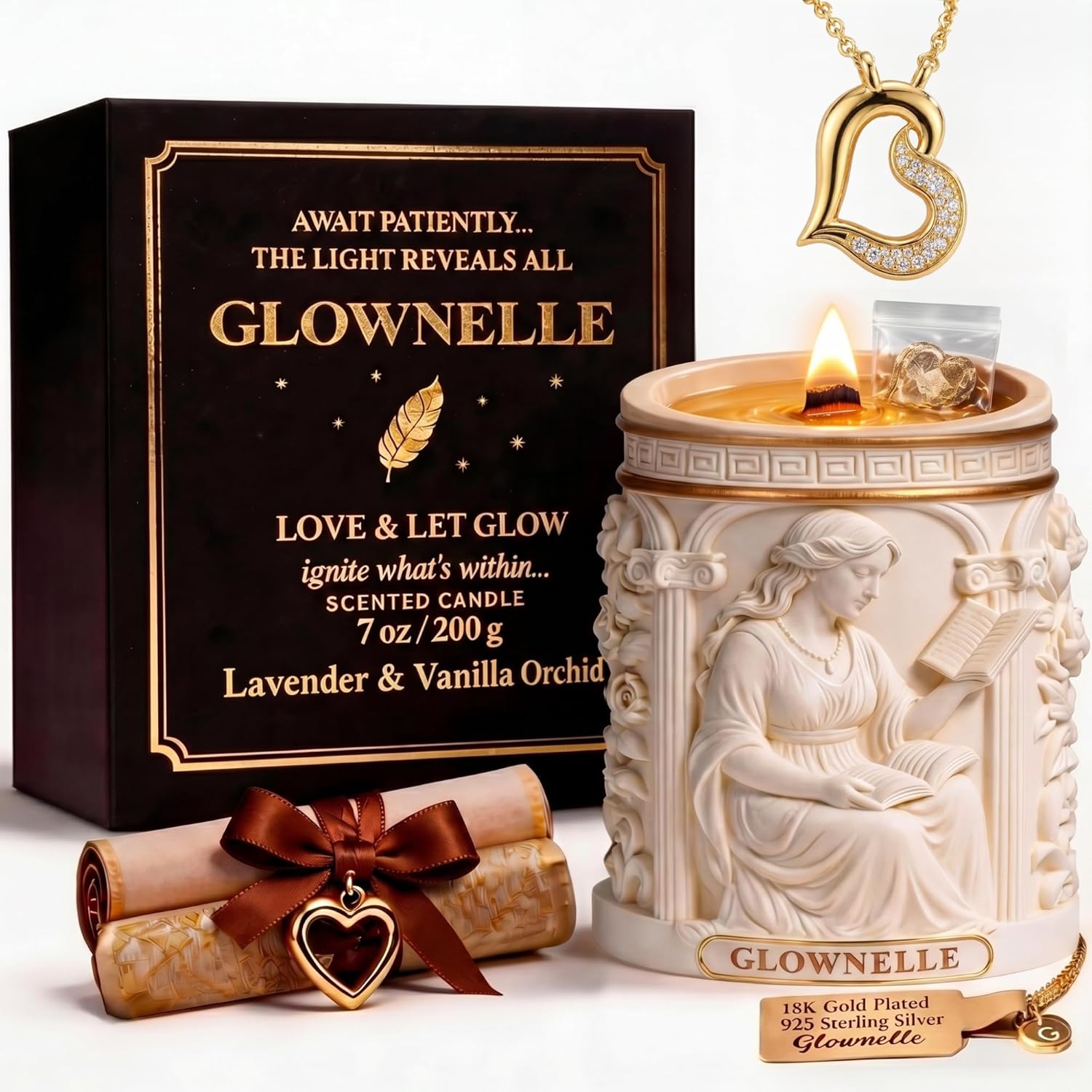 Candle with Jewelry Inside | Gift Set for Women | 18K Gold-Plated Necklace | Lavender & Vanilla Orchid | Natural Soy Wax | Wood Wick | Birthday, Anniversary, Bridesmaid, Mother Gift
