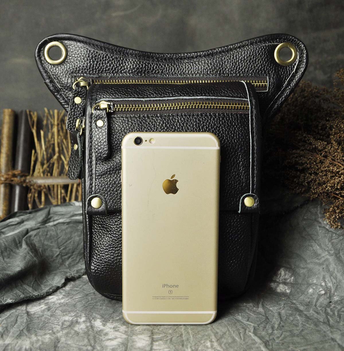 Le'aokuu Herren Echtes Leder Tasche Hüfttasche Beinbeutel Kleines Haken Tasche Messenger Bag 211-4 (211-4 czarny)