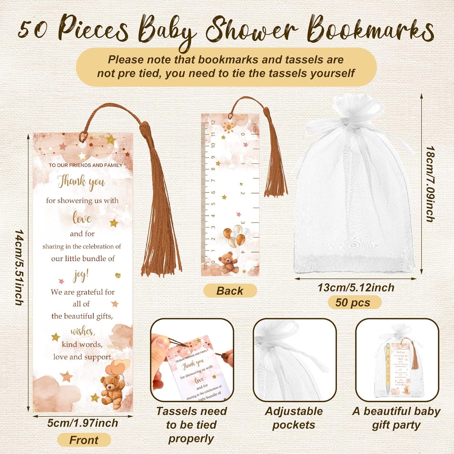 Gilprop 50 Sets Brown Bear Baby Shower Favors for Guests We Can Barely Wait Includes 50 Baby Shower Ballpoint Pens 50 Thank You Bookmarks 50 Organza Bags for Gender Reveal Gifts Guest Prizes