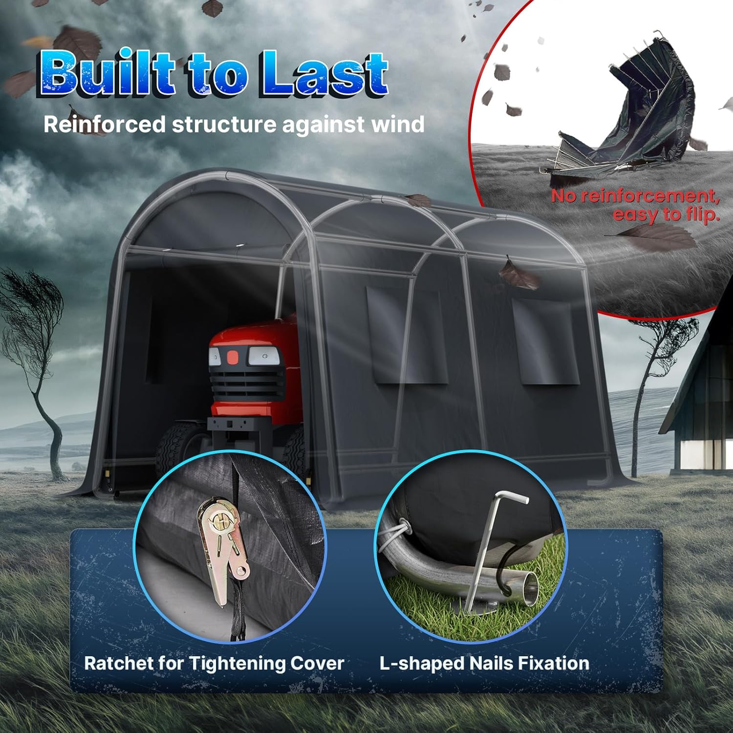 Image showing reinforced structure against wind with ratchet for tightening cover and L-shaped nails fixation.