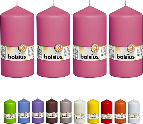 BOLSIUS 4 velas de pilar rosadas, 3 x 6 pulgadas, envueltas individualmente, calidad europea premium, más de 65 horas de combustión, llama suave sin