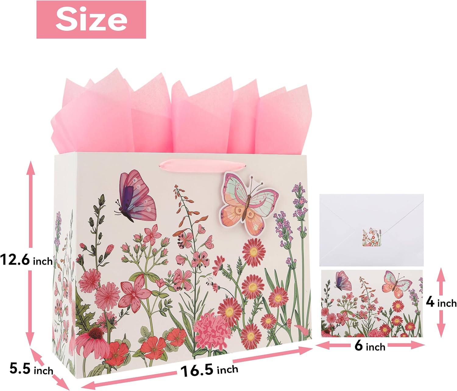 Qirrmiy 16.5” Extra Large 3D Butterfly Gift Bag Set with Handles, Greeting Card, Pink Tissue Papers and Stickers for Women Girls for Birthday, Mothers' Day, Wedding, Anniversary, Floral Design, 1 Pcs