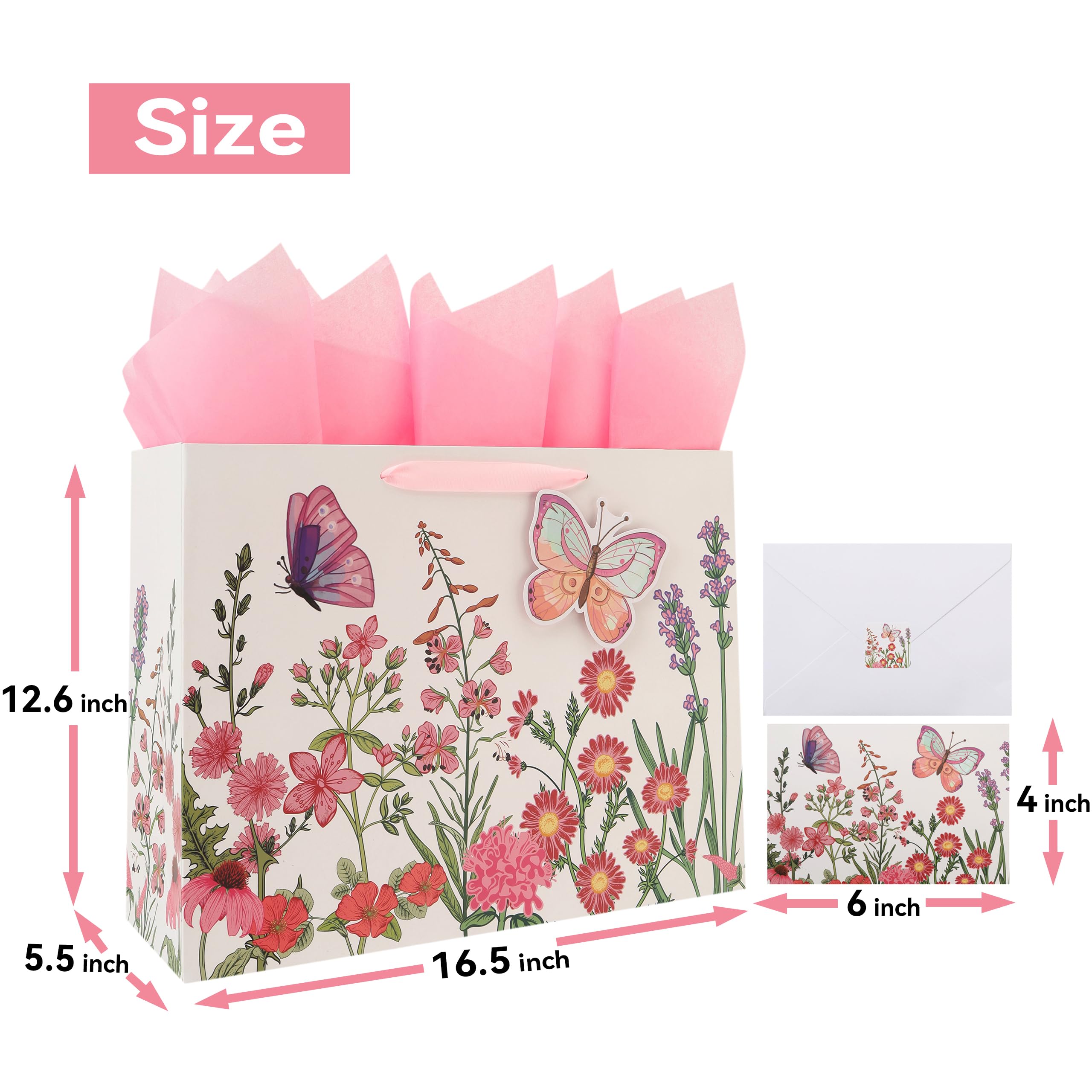 Qirrmiy 16.5” Extra Large 3D Butterfly Gift Bag Set with Handles, Greeting Card, Pink Tissue Papers and Stickers for Women Girls for Birthday, Mothers' Day, Wedding, Anniversary, Floral Design, 1 Pcs