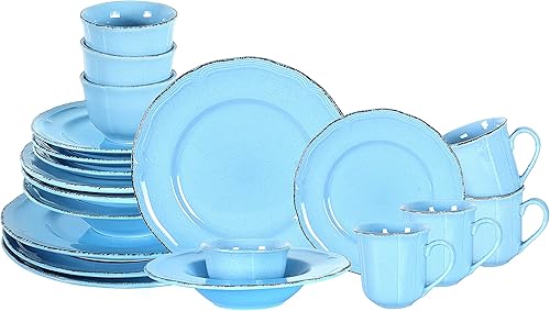 Miniatura 2 de HomeVss, Juego de vajilla de gres French Countryside de 20 piezas, moteado y azul antiguo