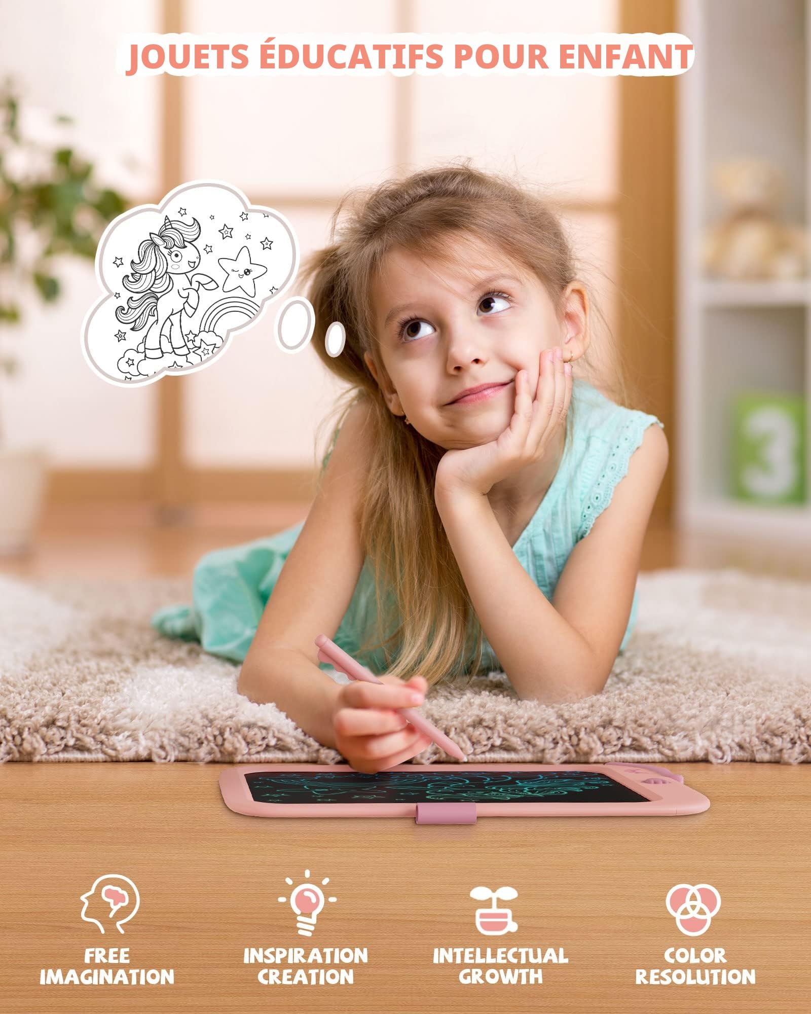 Tablette d'écriture LCD Licorne 10 pouces Doodle Board avec verrouillage jouet éducatif cadeau 3-6 ans Rose
