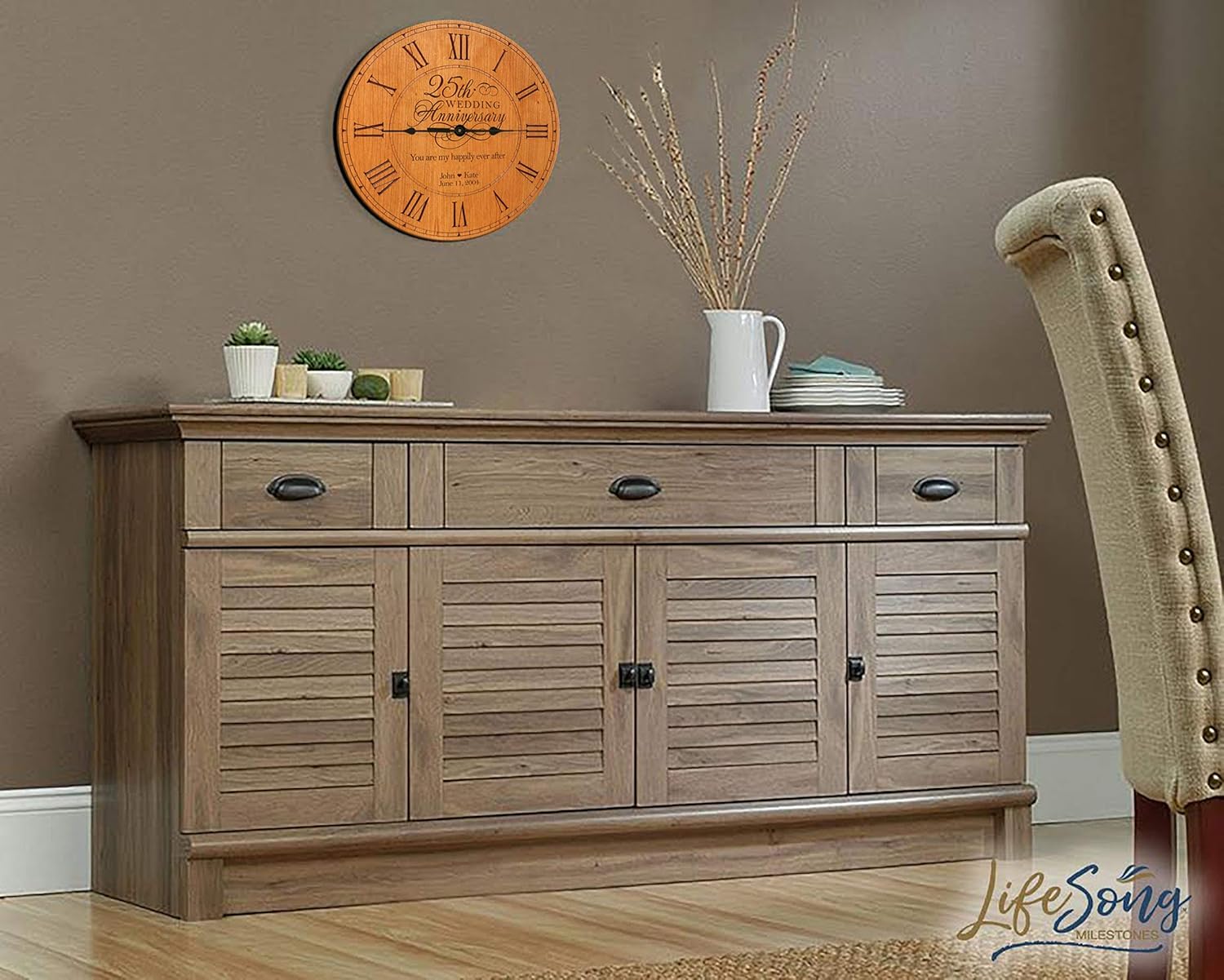 LifeSong Milestones Personalized 25th Anniversary Engraved Cherry Wall or Desktop Clock for Living Room Bedroom, Kitchen, Office, New Home, Couples Gift 12 Inch Diameter (Happily Ever After)