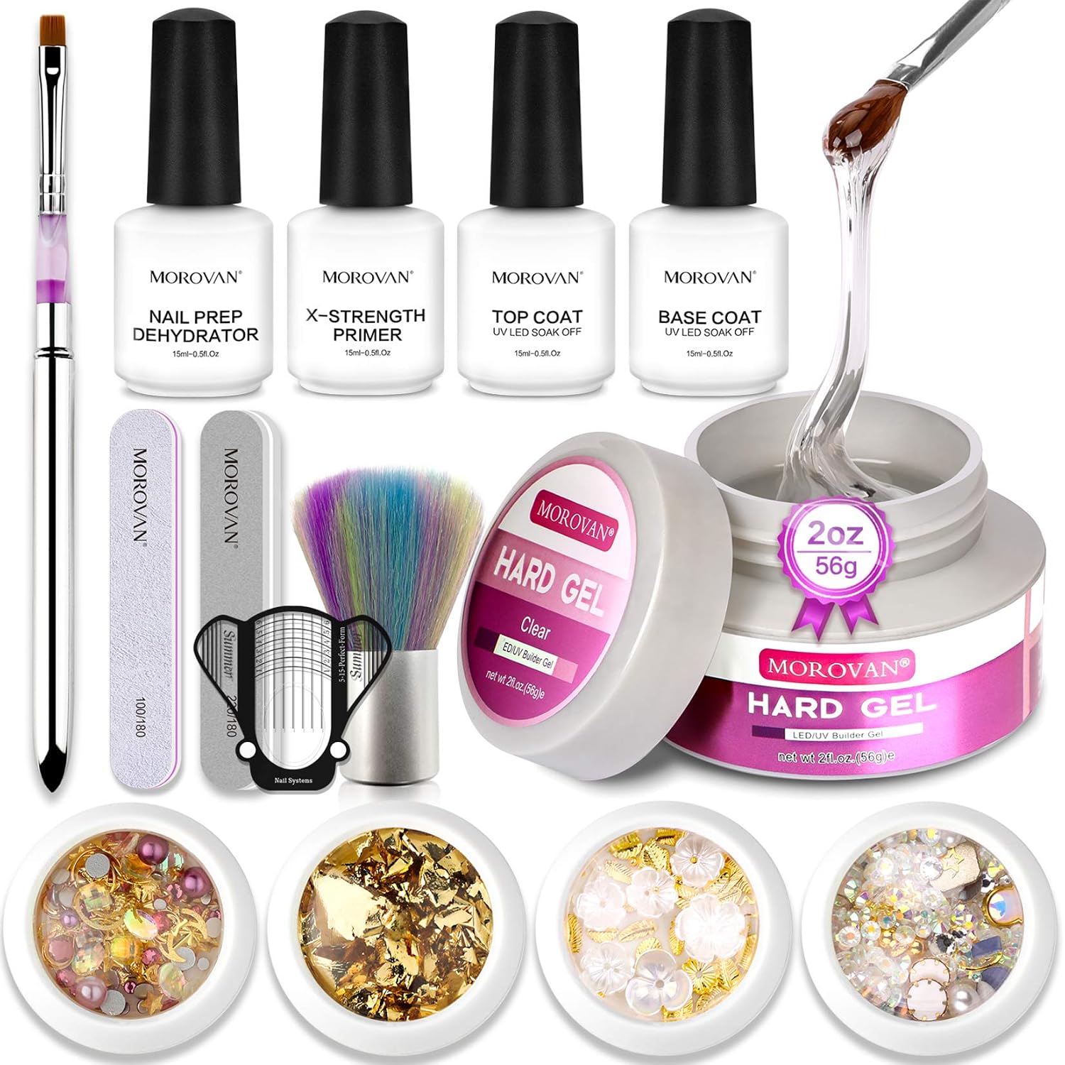 Morovan LED UV Gel Builder Gel Nail Kit with Everything Clear Nail Extension Gels Nail Strengthen Nail Art Manicure Set with Nail Forms Nail Gems Rhinestones and Base Top Coat for Beginner