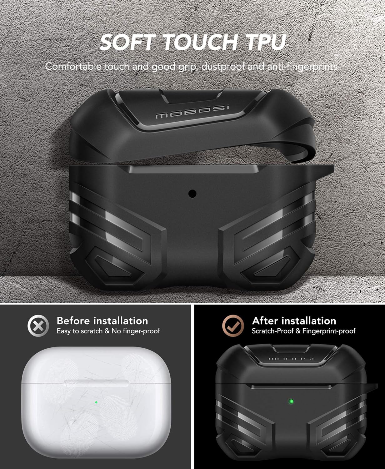 MOBOSI Vanguard Armor Series Military AirPods Pro Case, Full-Body Hard Shell Protective Cover Case Skin with Keychain for AirPod Pro 2019, Black [Front LED Visible] : Electronics