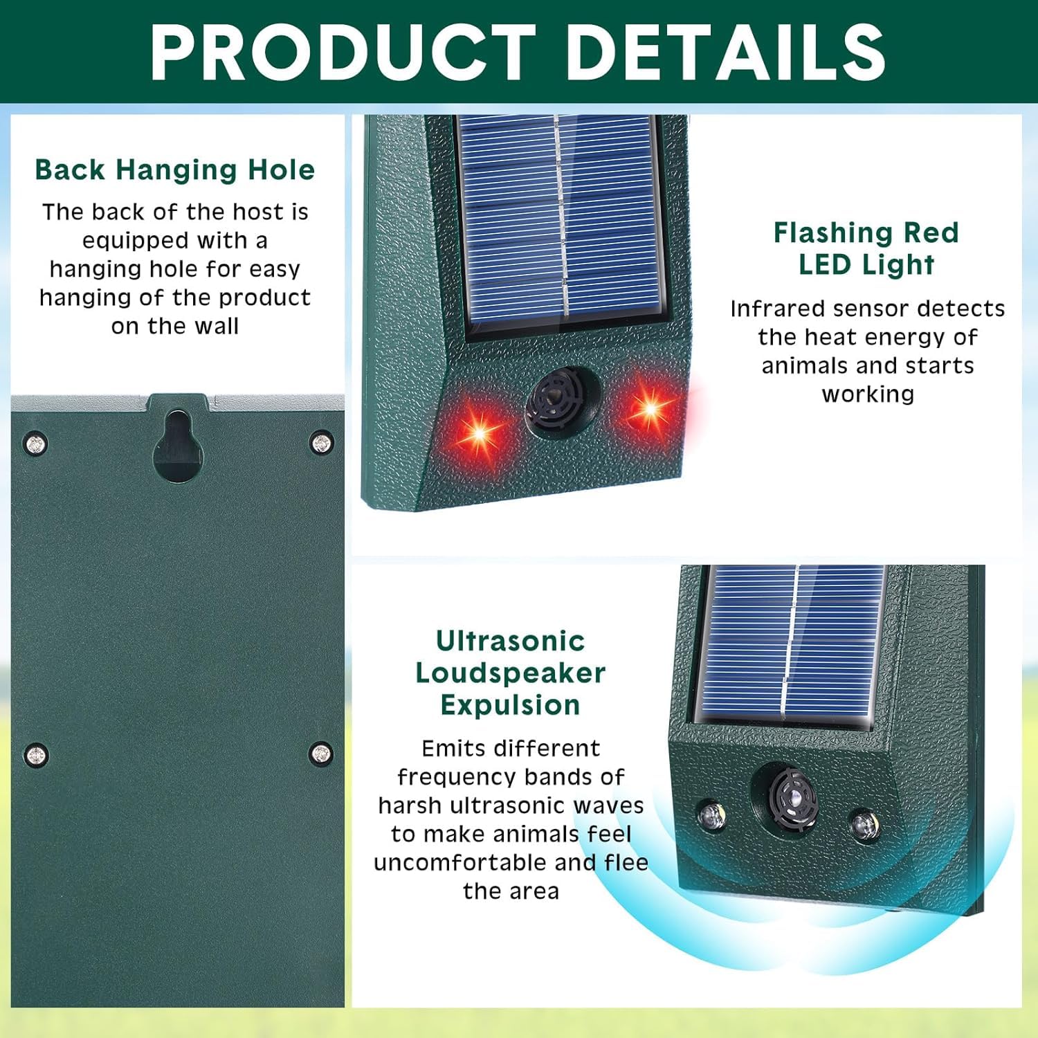 4X Répulsif Chat, Répulsif Animaux Haute Puissance avec Rouge LED Lampe, Répulsif Étanche Charge de Solaire ou de Piles, Répulsif Souris Chien Renard Cerf Ours Sauvage