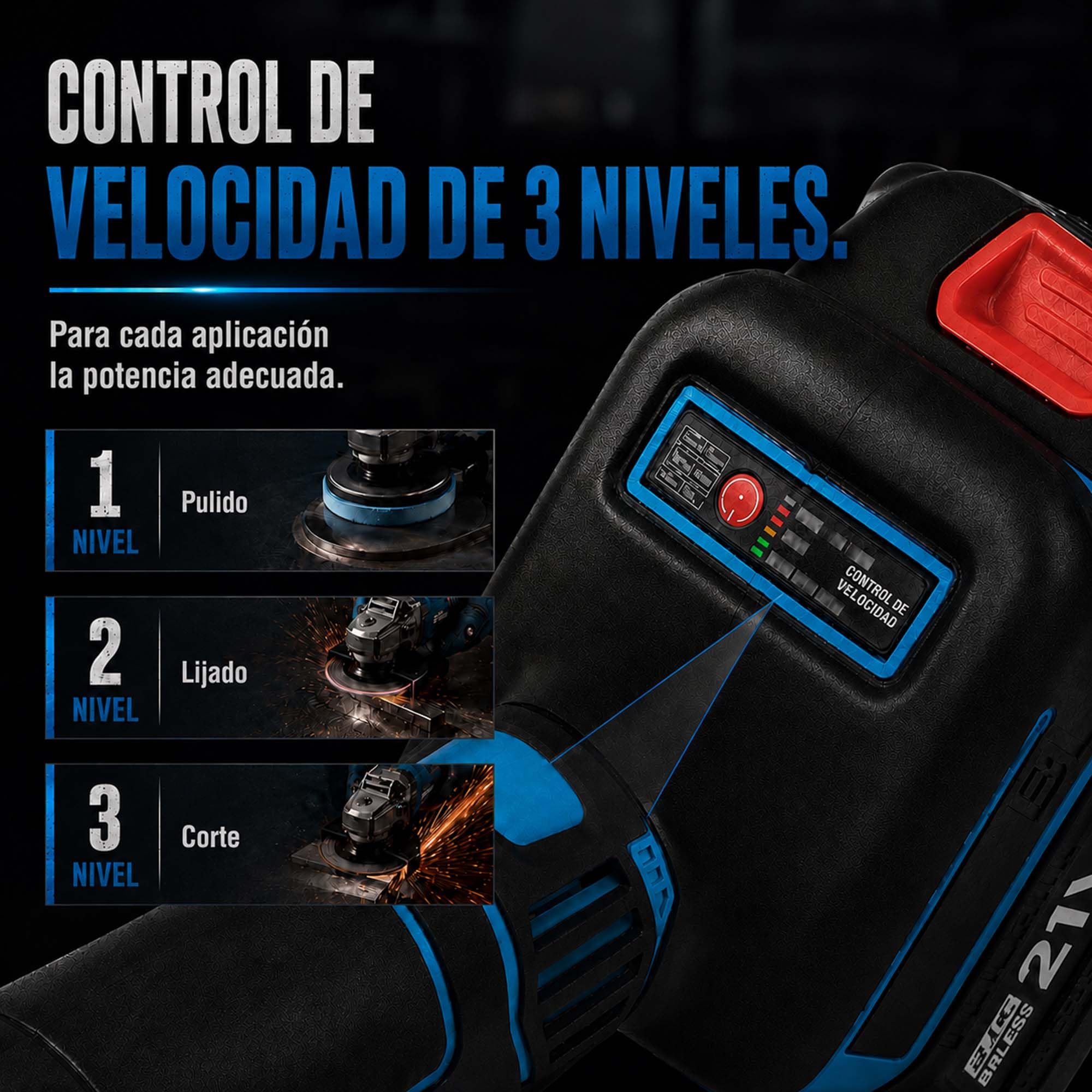 Amoladora angular inalámbrica 125 mm, amoladora brushless 10000 rpm con 2 baterías de 4,0 Ah y cargador, para metal, piedra y azulejos, con maletín