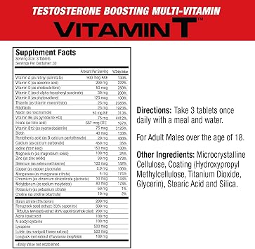 MuscleMeds Vitamin T Daily Complete Multivitamin for Men Enhances Testosterone Muscle Building Sexual Performance 20 Vitamins Minerals Fenugreek Tribulus Longjack, Brown, 90 Count