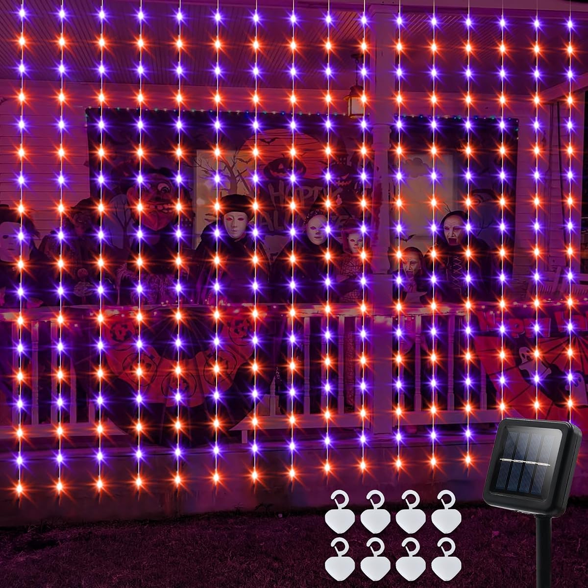 echosari Solar Curtain Lights, 144 LED, 7.9ft x 6ft, Orange & Purple, 8 Modes,