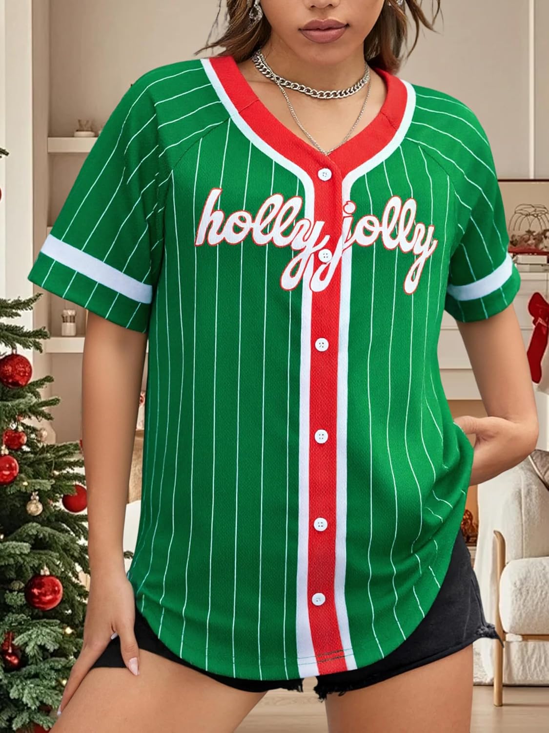 Christmas Baseball Jersey Women Funny Xmas Shirts Casual Holiday Tshirt Button Down Stitched Tops - Image 2