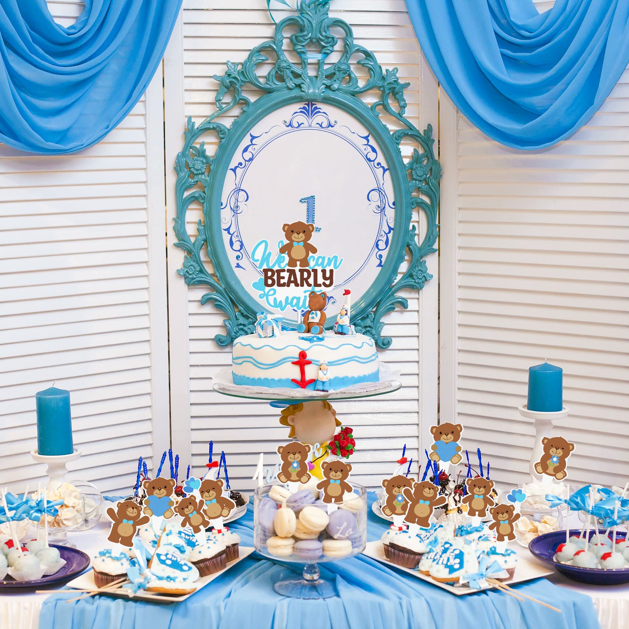 Cute Bear 1st Birthday Cake Topper - Honey Bear Theme, "Wild One" Design, Blue Vintage Cartoon Style - View #5