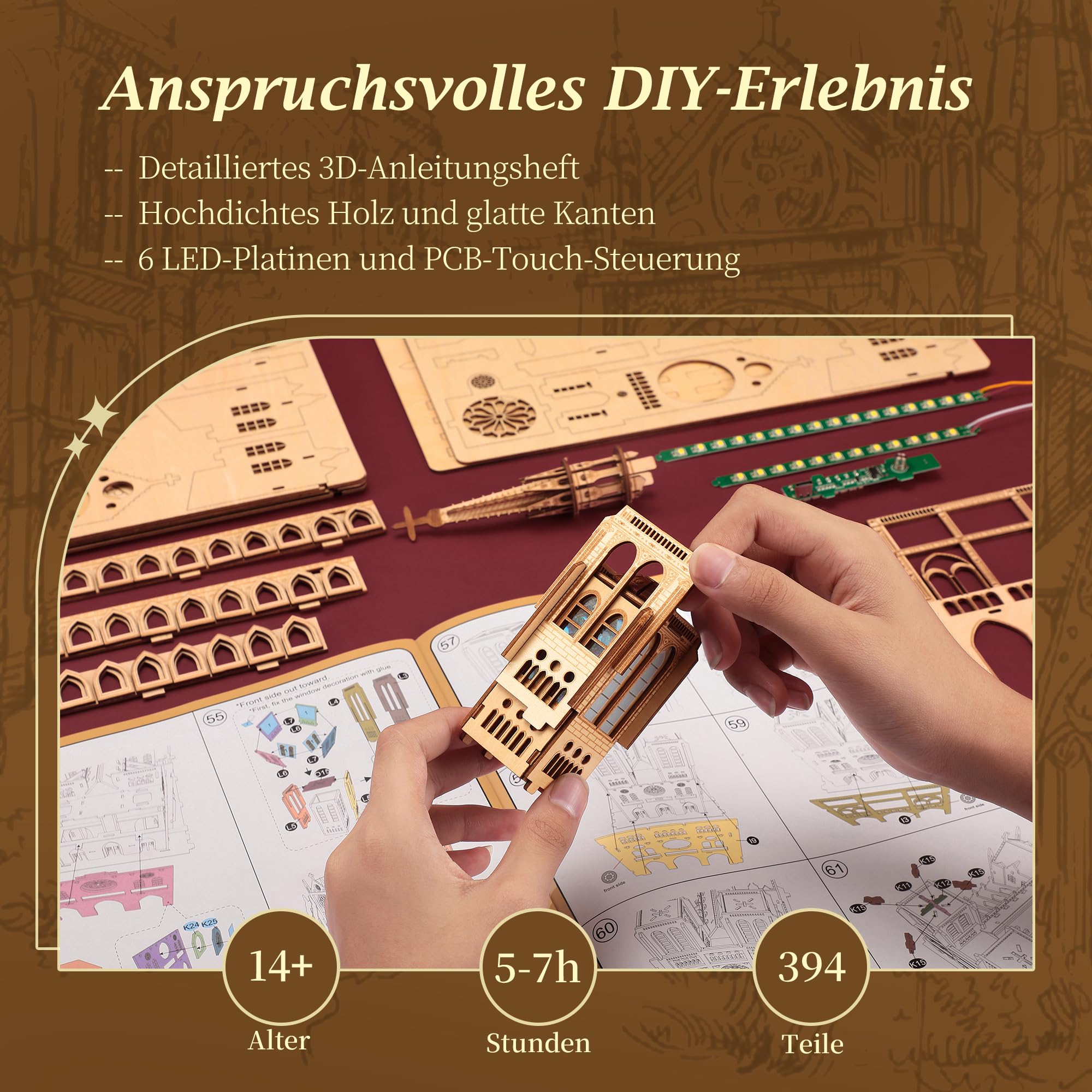 FUNPOLA LED 3D Holzpuzzle Notre Dame de Paris Modell – Beleuchtetes Architektur-Dekorationsmodell für Zuhause & Sammler