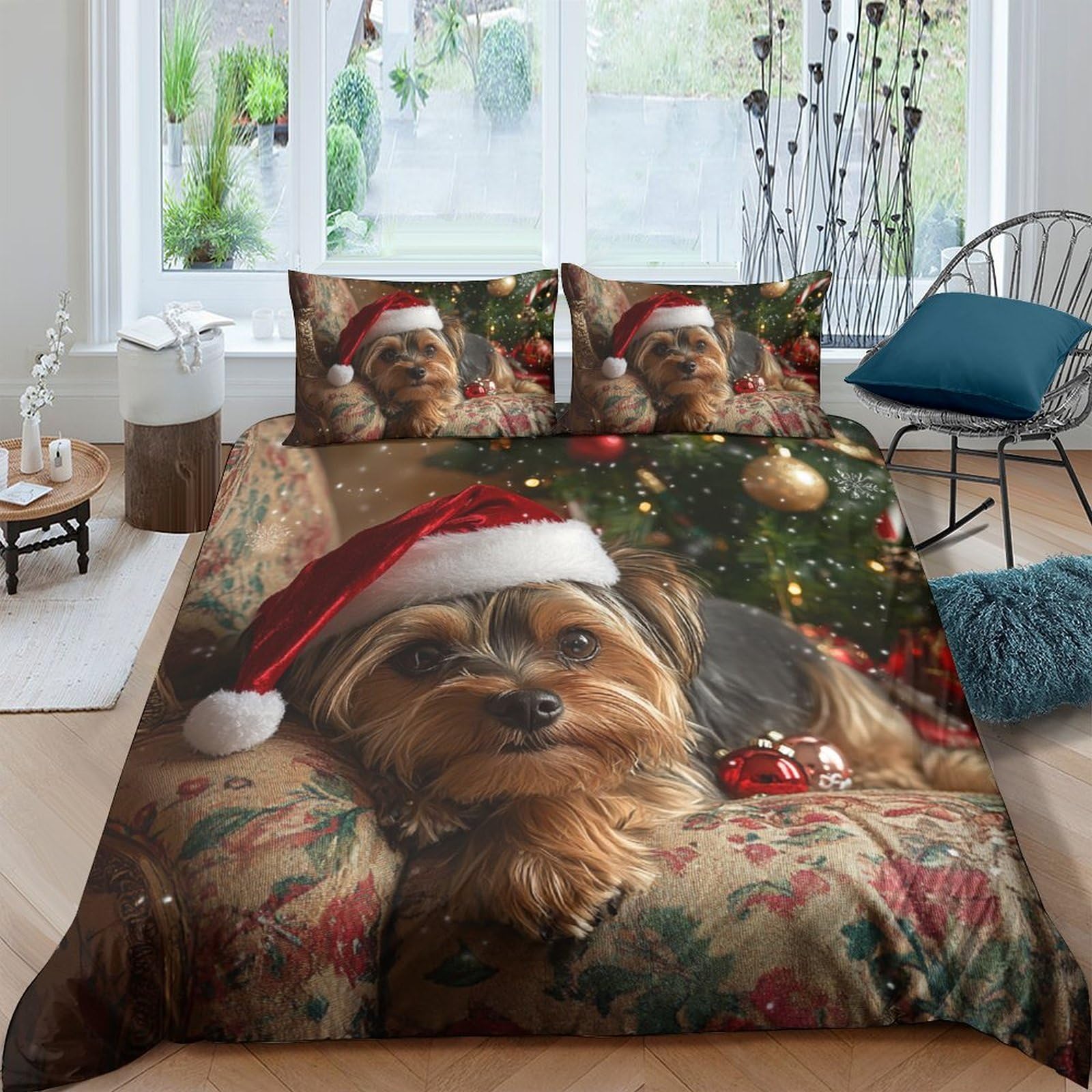 Ctjqhvkz Style-7 3D Printed Christmas Dog Fitted Sheet Microfiber Soft Santa Hat Tree Bed Cover For Bedroom Dorm Easy Care Decor Single（135X200cm）