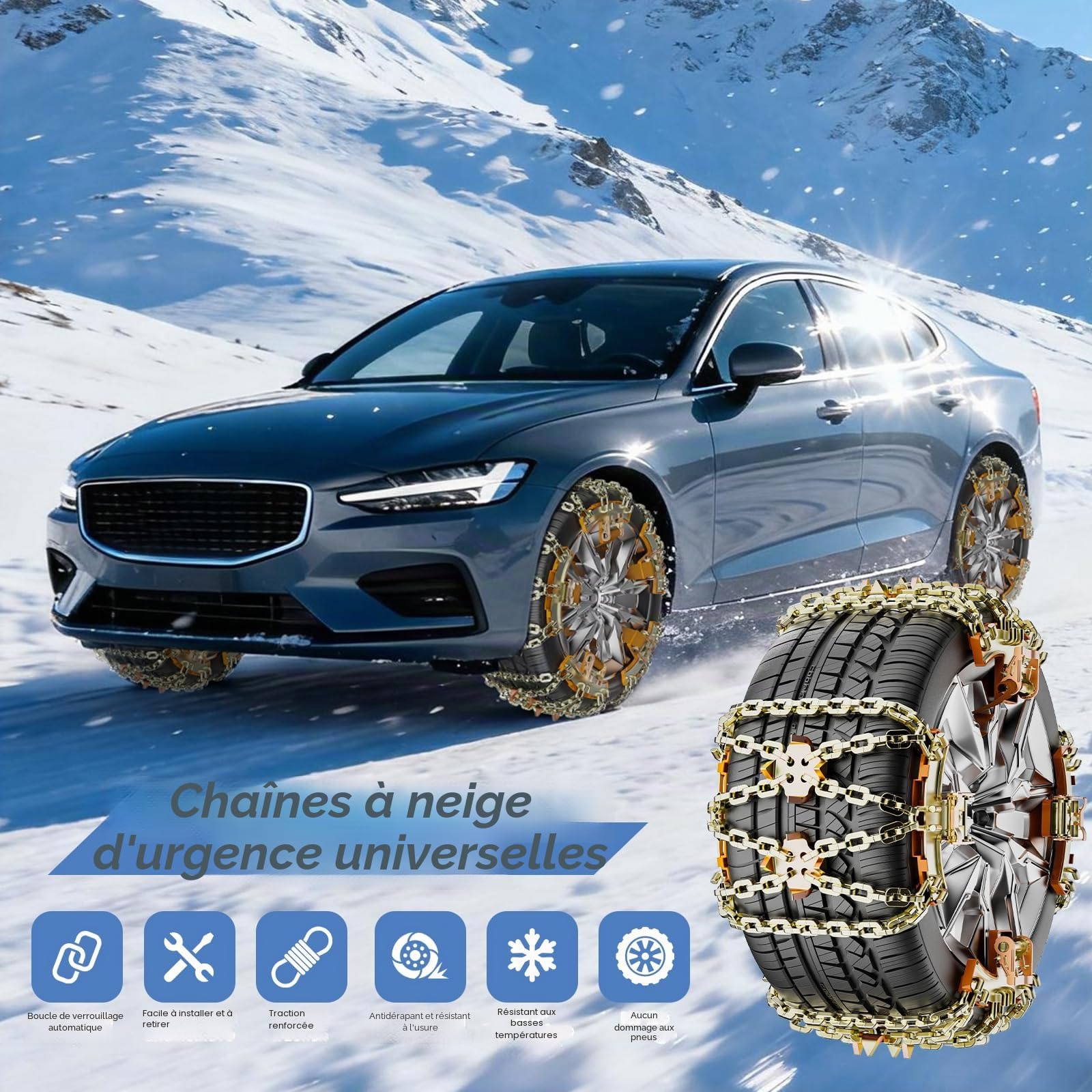 Chaînes à Neige Pour Auto GOHHME 4 Pièces Chaine Voiture Neige en Fer avec Gratte-Glace Pour Tous Types de Véhicules, Fermetures à Engrenages Automatiques 175mm-265mm
