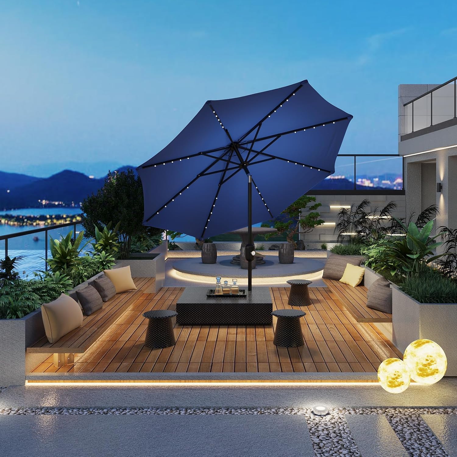 Solar LED Patio Umbrella With 8 Durable Ribs, Tilt & Crank Mechanism, Waterproof & UV Protection for Garden, Backyard, Poolside – Outdoor Sun Shade Umbrella With Built-In Solar Lights