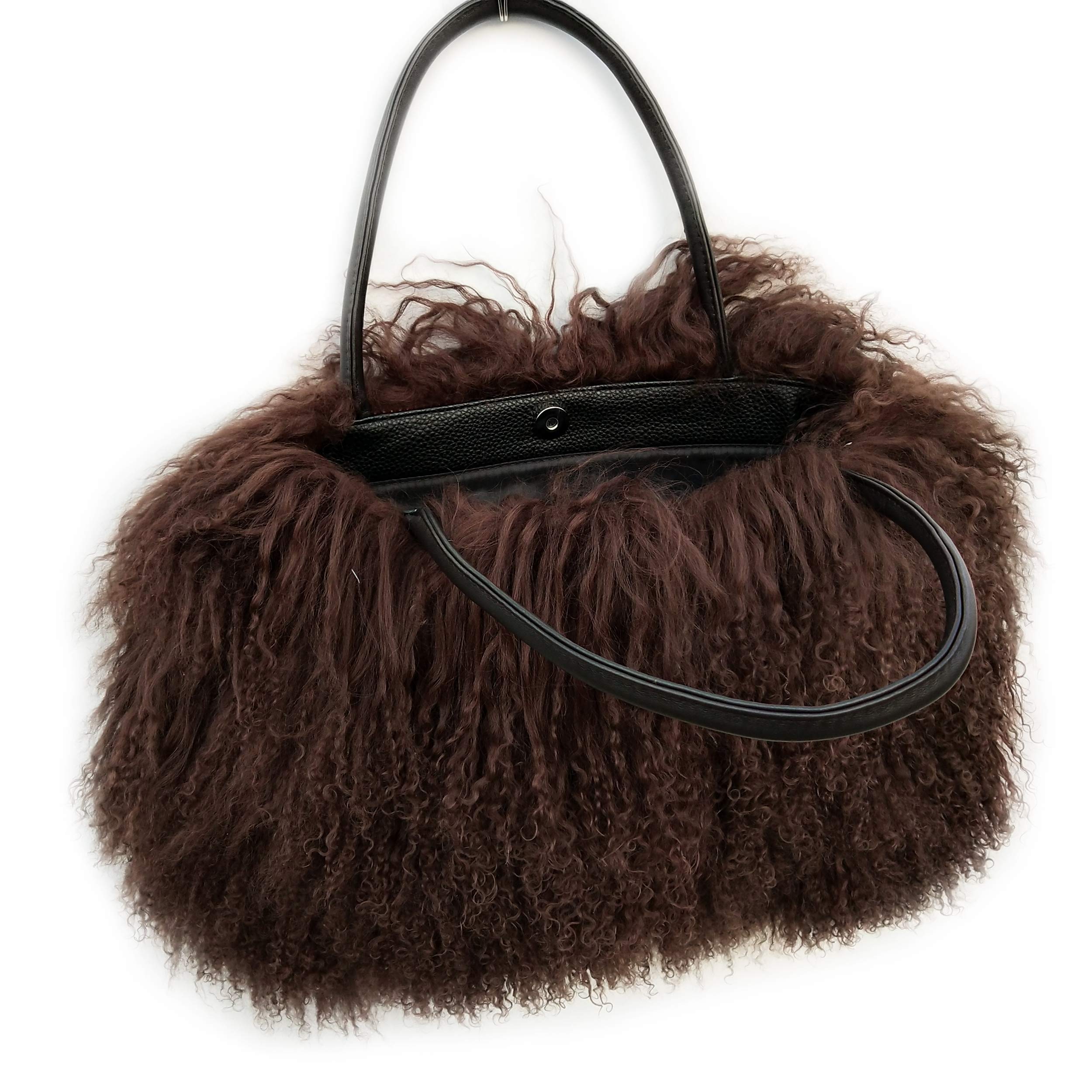 FINILUO Women Luxury Real Lamb Mongolian Flush Wool Fur With Genuine Leather Handles Handbag