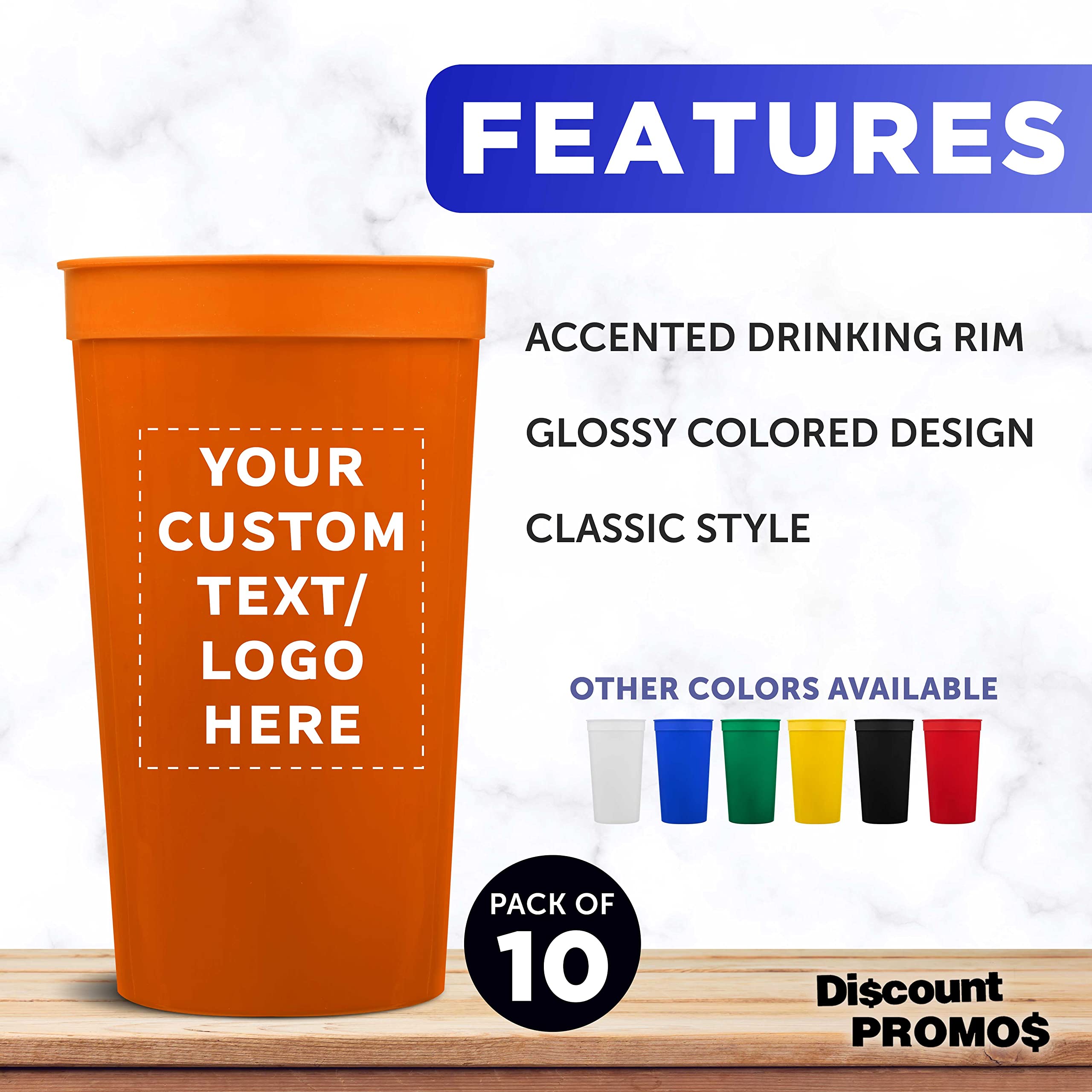 Custom Plastic Stadium Cups 32 oz. Set of 10, Personalized Bulk Pack - Perfect for Summer, Sporting Events, Birthdays, Picnic, Beach, Parties - Orange