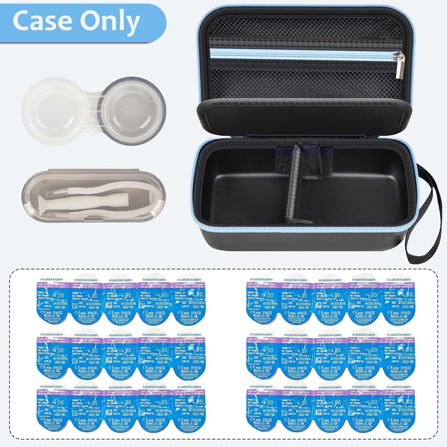 Daily Contact Lens Case Fits 30+ Disposable Daily Lenses, Portable Contact Lens Storage Organizer with Mesh Pocket, Travel Contact Solution for All Brand Cosmetic Lens & Accessories -Black (Case Only) - Image 2