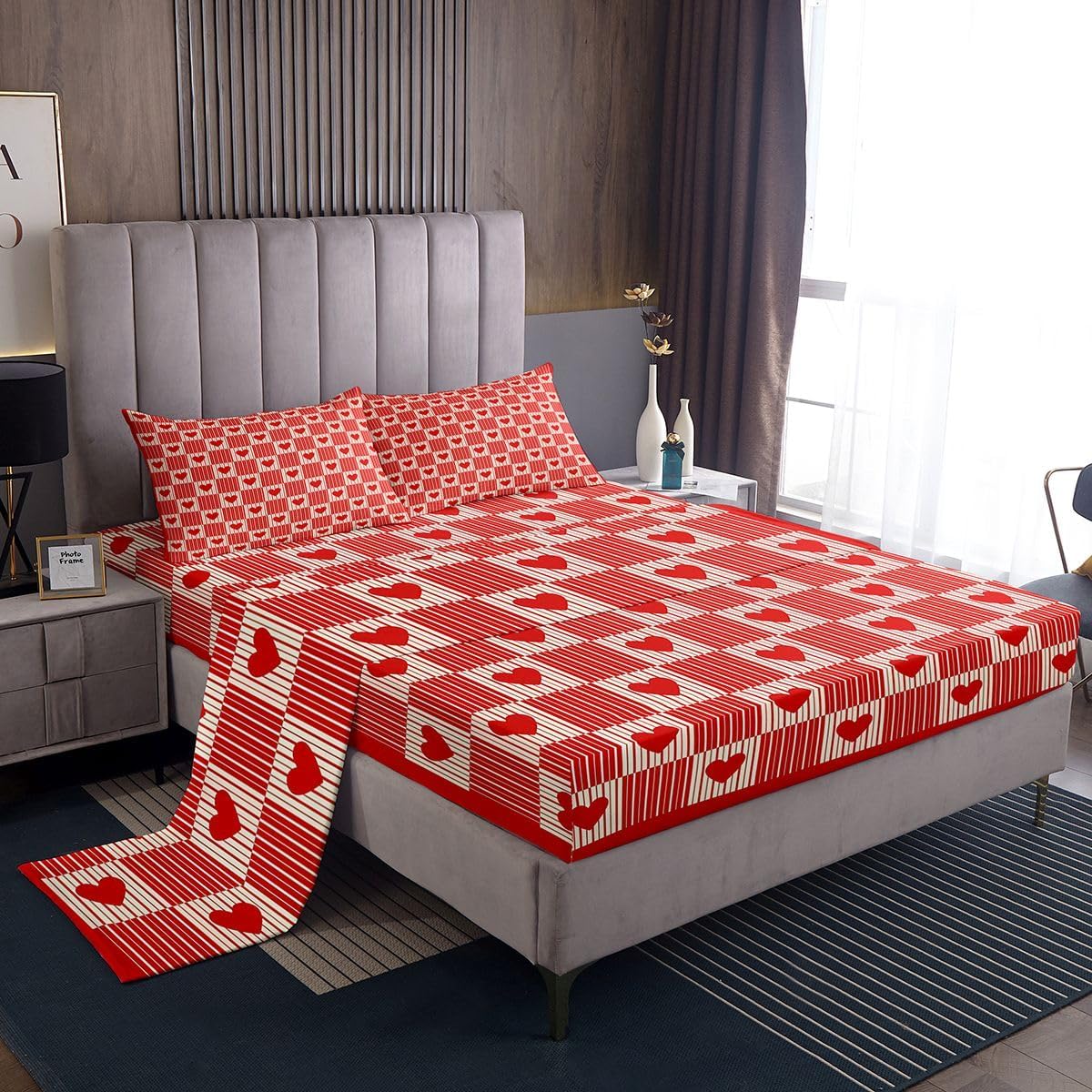 Feelyou Checkered Heart Print Bed Sheets Set Twin Size Geometric Plaid Bed Set for Kids Boys Girls Red Deep Pocket Fitted Sheet Modern Checkerboard Breathable Soft Lightweight Microfiber