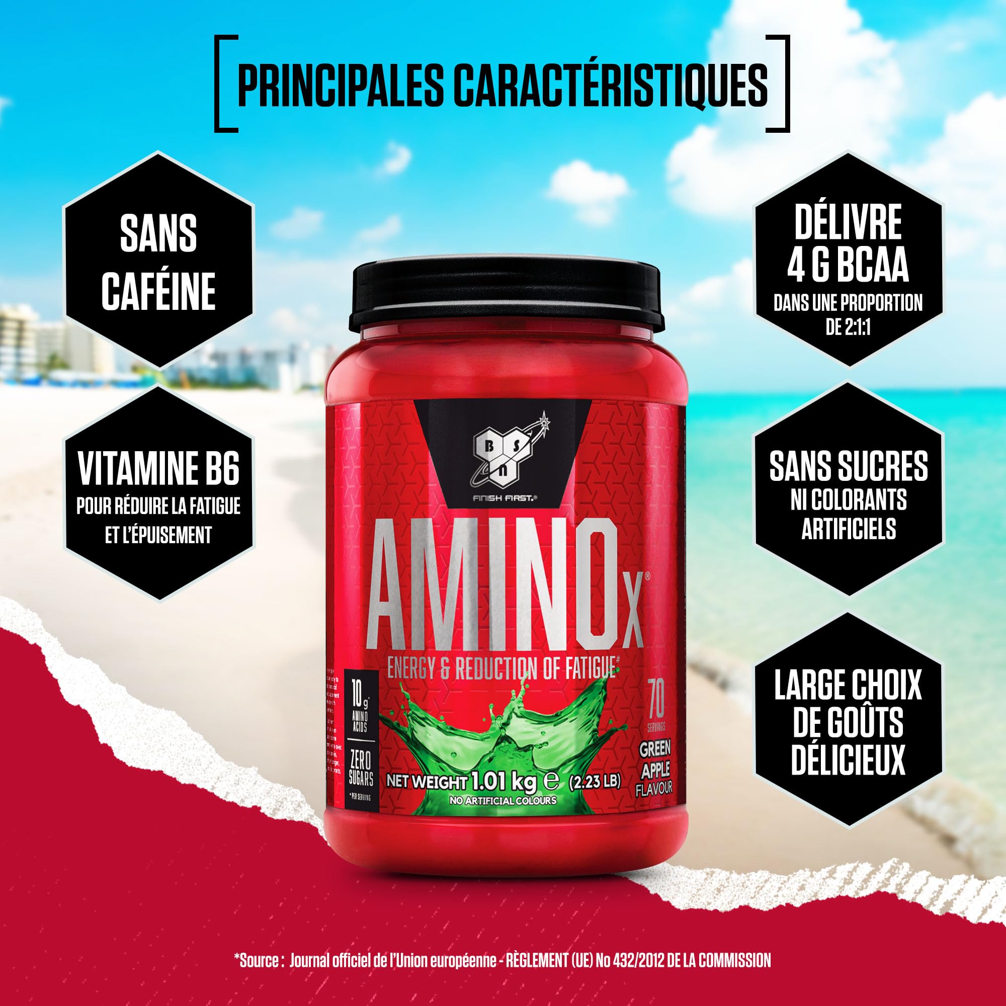 BSN Nutrition Amino X Complément avec vitamine D, vitamine B6 et acides aminés, Goût Pomme verte, 70 portions, 1 kg