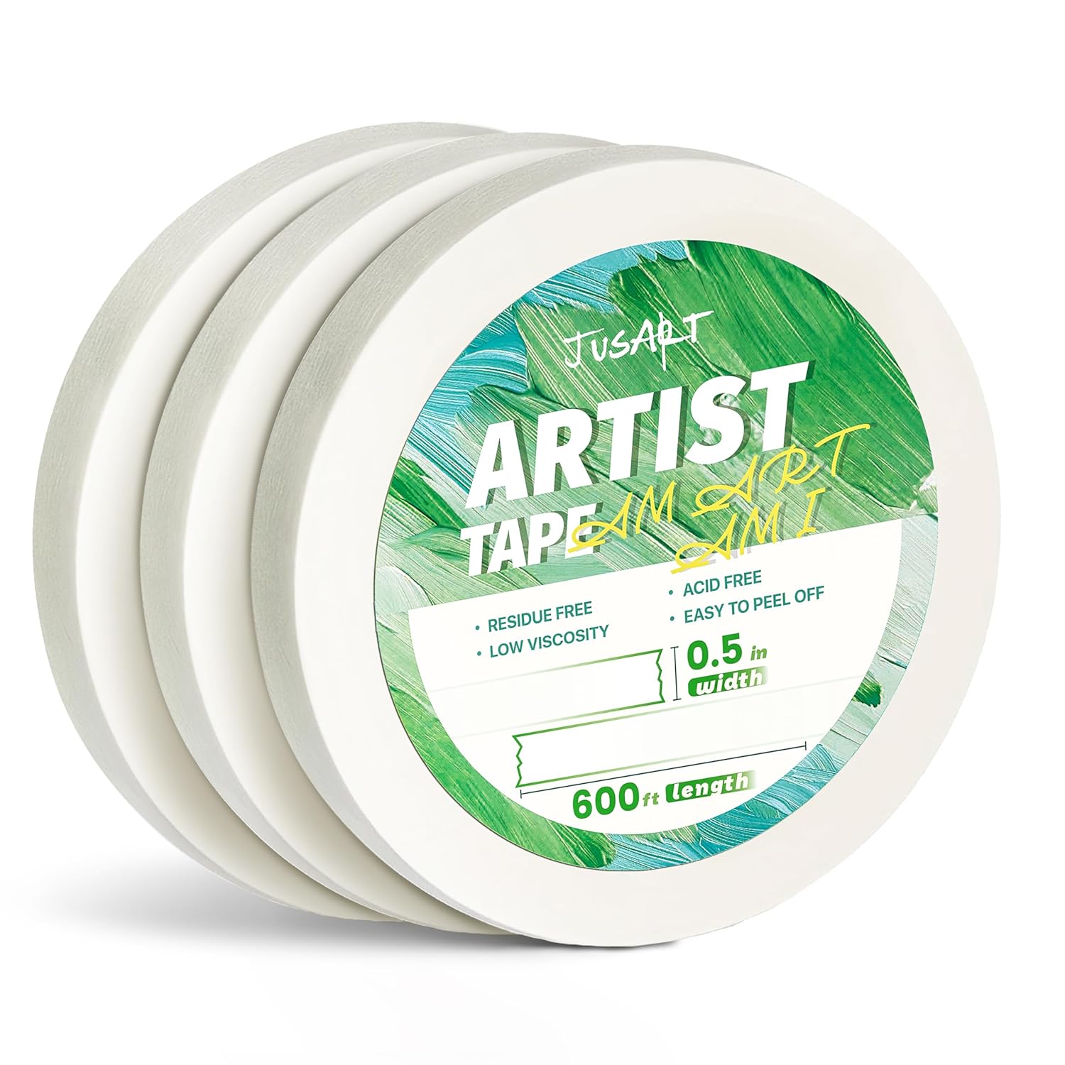 JusArt Artist Tape for Watercolor Paper, 1/2 inch Wide 200FT Long, White Art Tape for Masking, Drafting and Painting, Acid Free, Low Tack